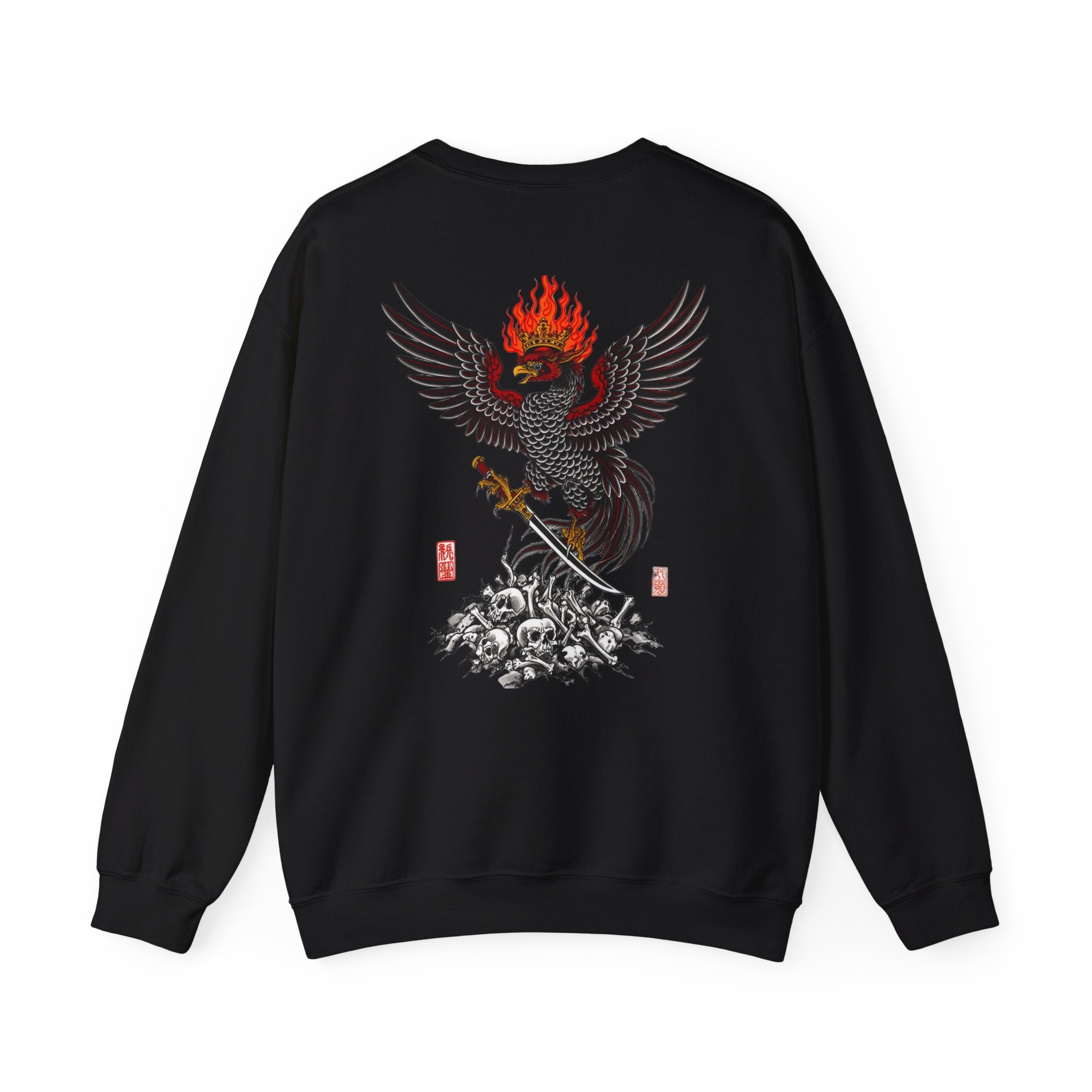 Phoenix Warrior Crewneck Sweatshirt – Flaming Phoenix Sword Back Graphic
