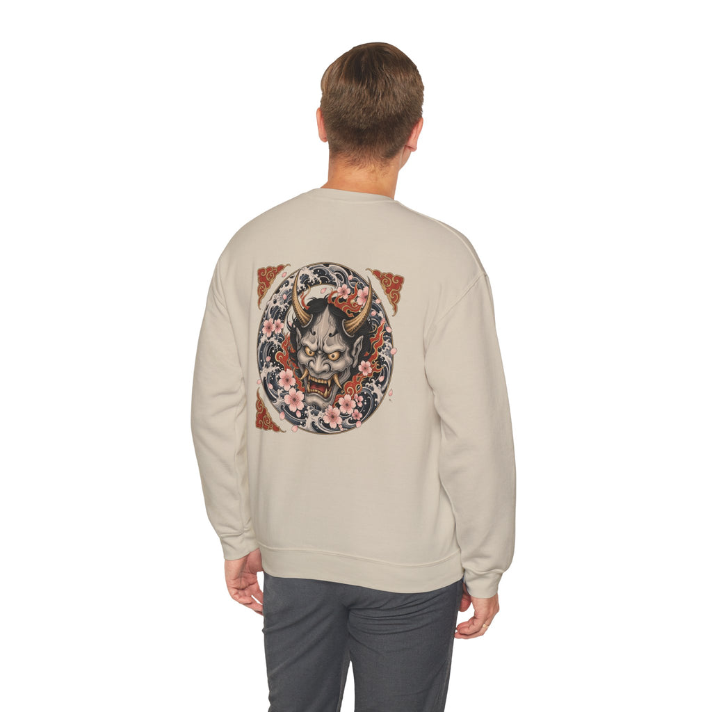 Hannya Mask Crewneck Sweatshirt — Japanese Demon Floral Back Print