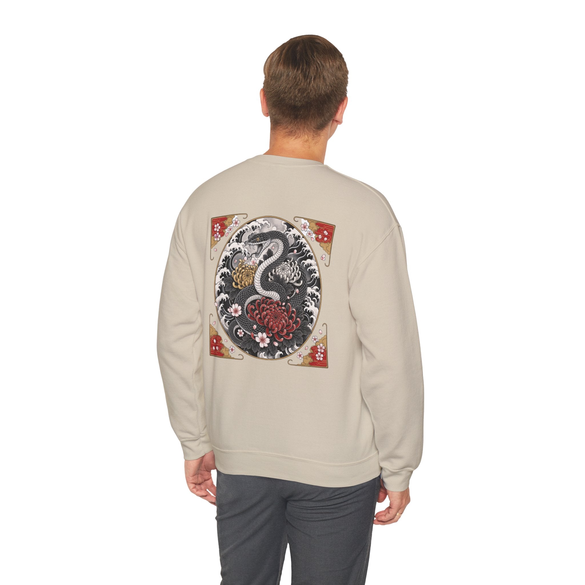 Dragon Circle Crewneck Sweatshirt — Asian-Inspired Snake & Floral Back Graphic