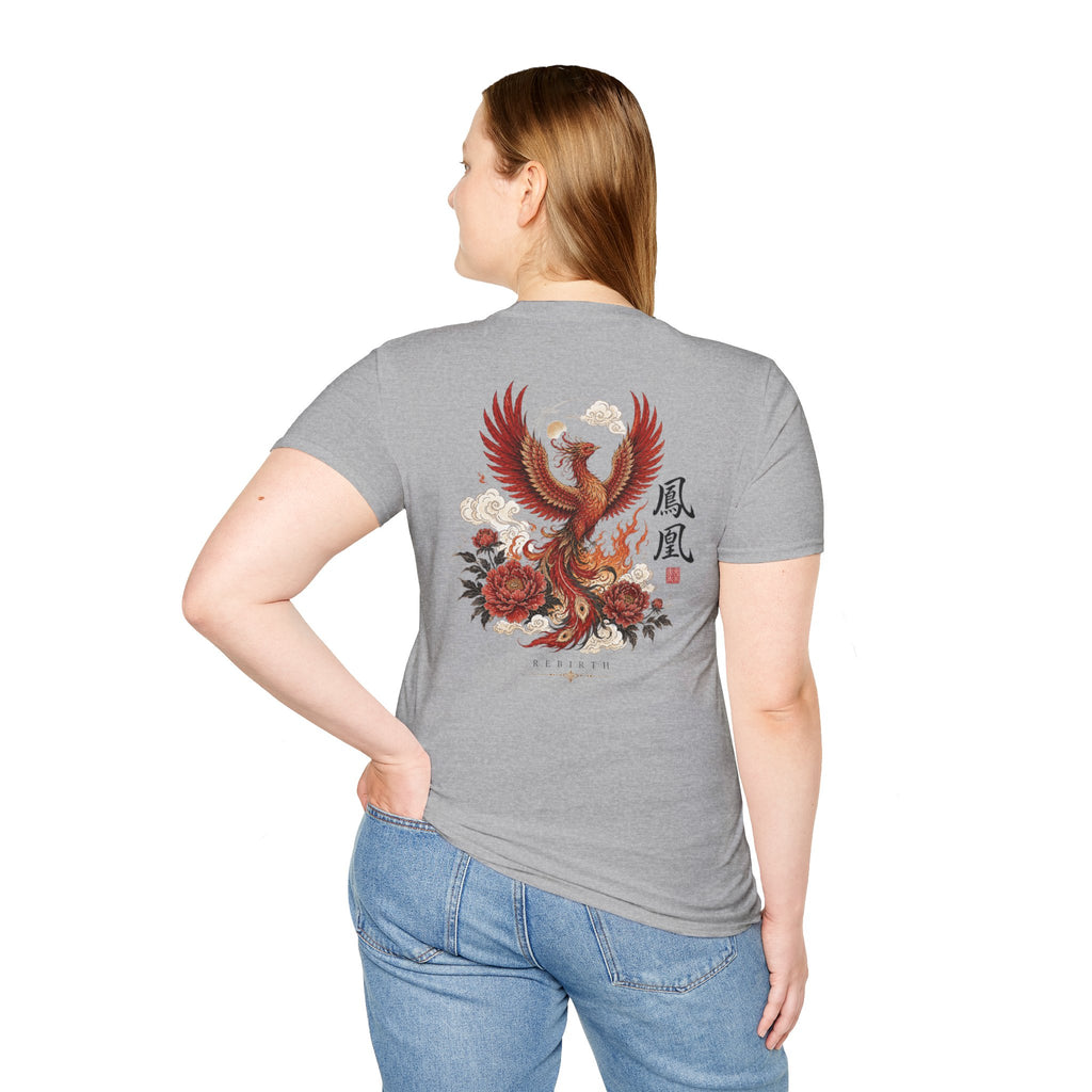 Phoenix Floral T-Shirt — Rising Phoenix Graphic Tee with Asian Calligraphy