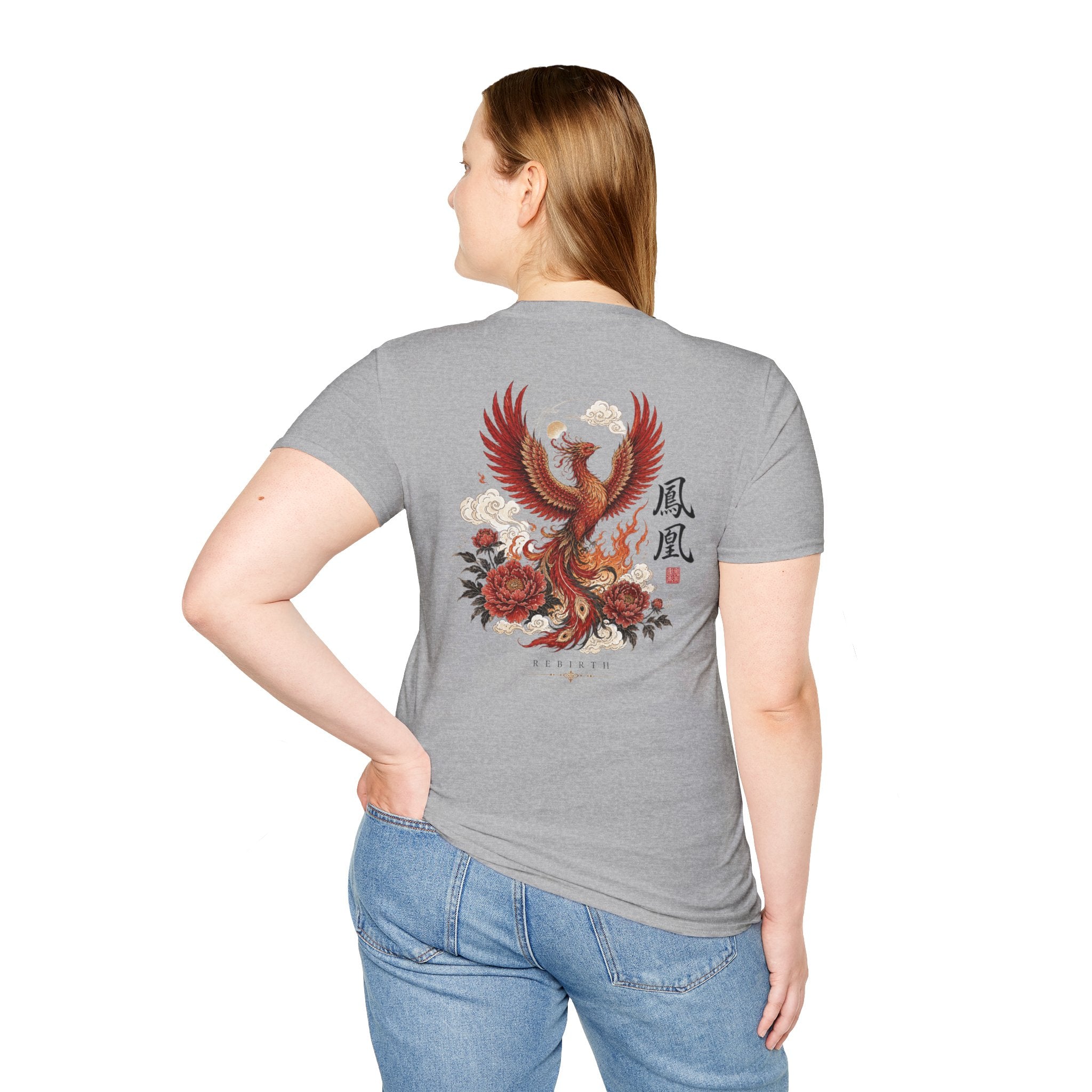 Phoenix Floral T-Shirt — Rising Phoenix Graphic Tee with Asian Calligraphy