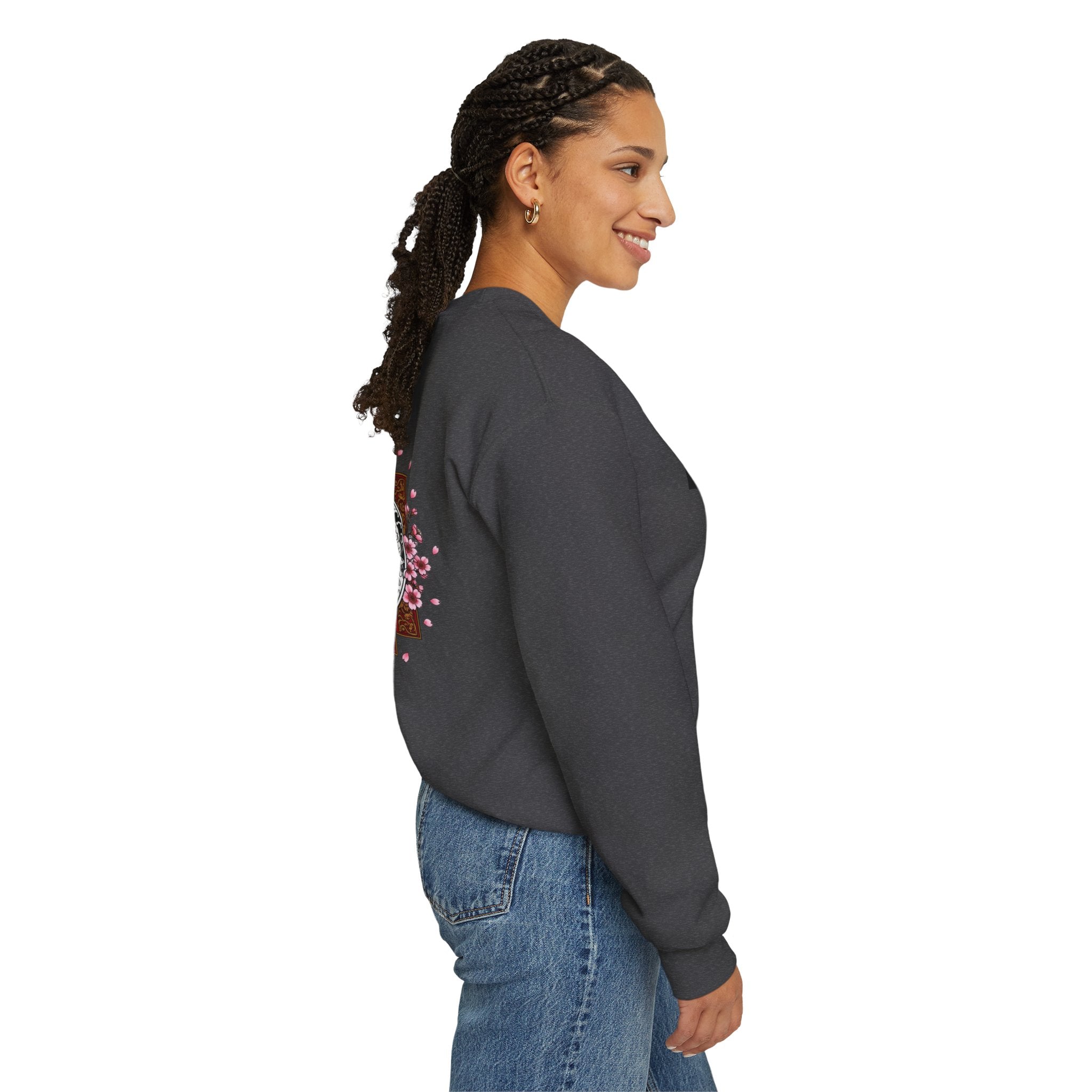 Crewneck Sweatshirt — Koi Fish Cherry Blossom Graphic Back, Minimal Front Logo