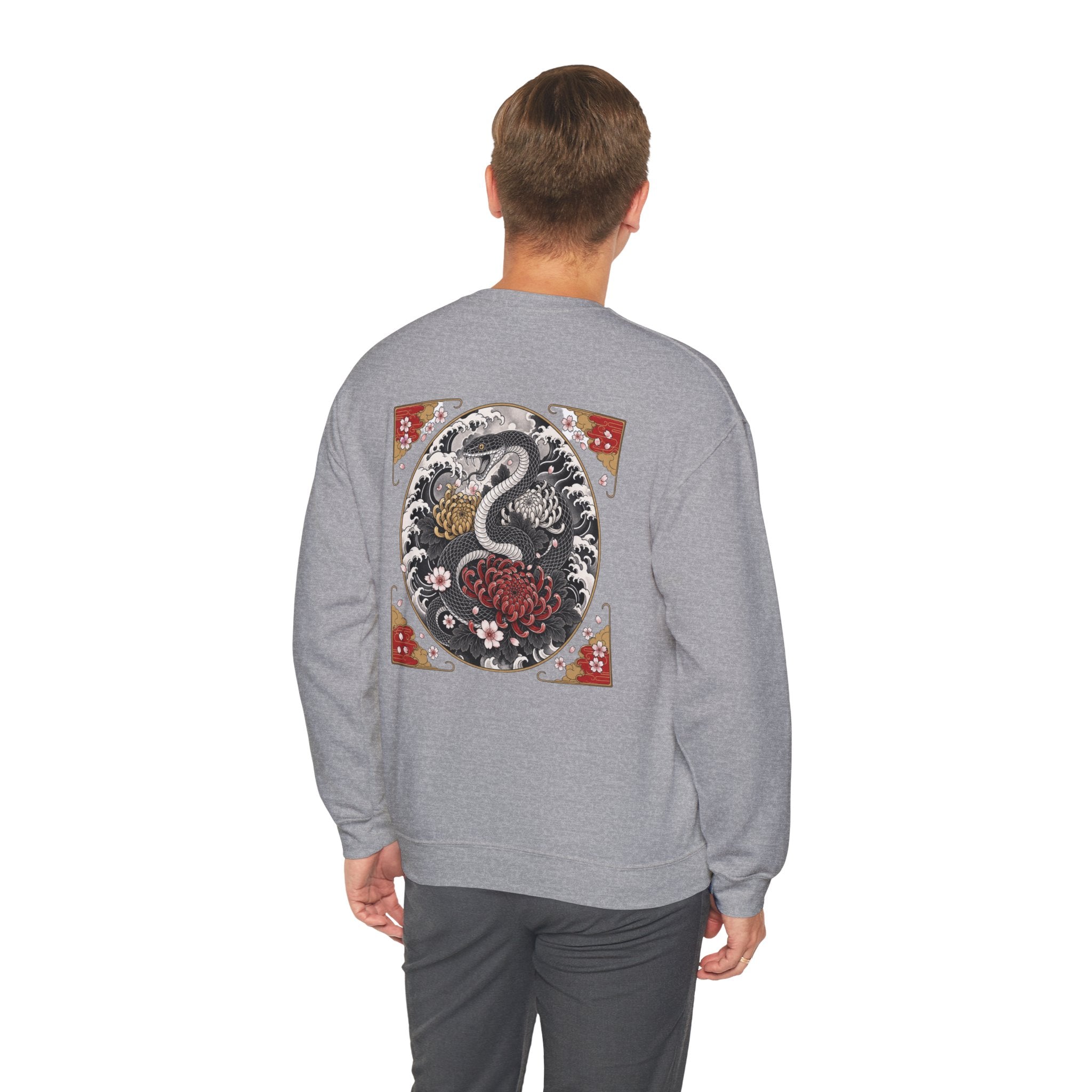 Dragon Circle Crewneck Sweatshirt — Asian-Inspired Snake & Floral Back Graphic