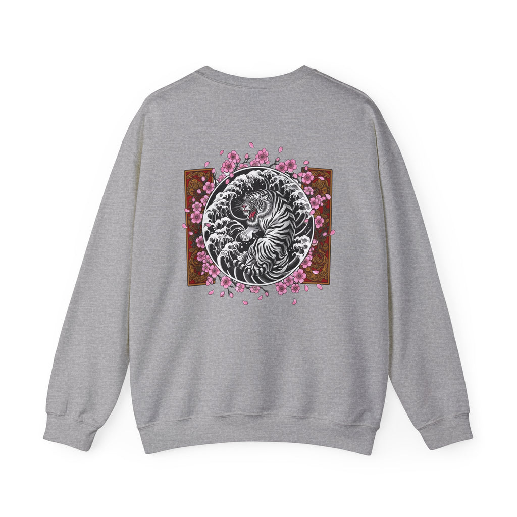 Crewneck Sweatshirt — Yin Yang Tiger with Cherry Blossoms Graphic