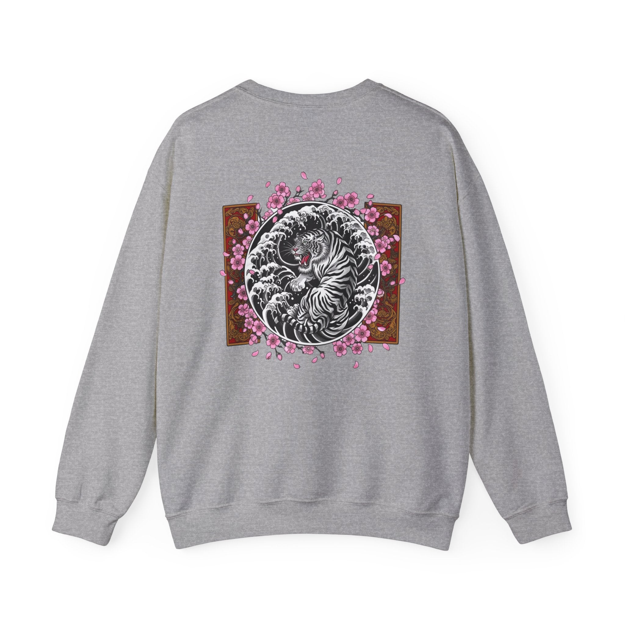 Crewneck Sweatshirt — Yin Yang Tiger with Cherry Blossoms Graphic