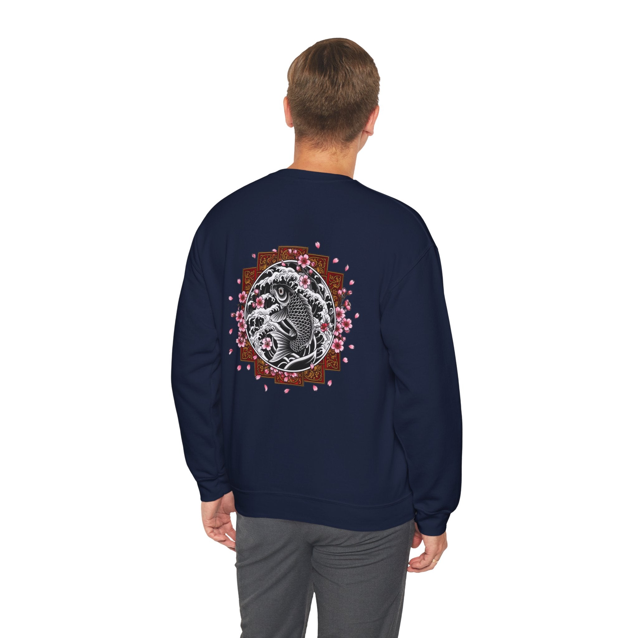 Crewneck Sweatshirt — Koi Fish Cherry Blossom Graphic Back, Minimal Front Logo