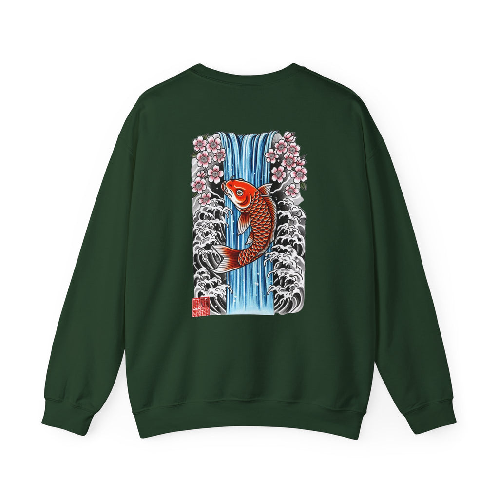 Koi Waterfall Crewneck Sweatshirt — Japanese Koi & Cherry Blossom Back Graphic