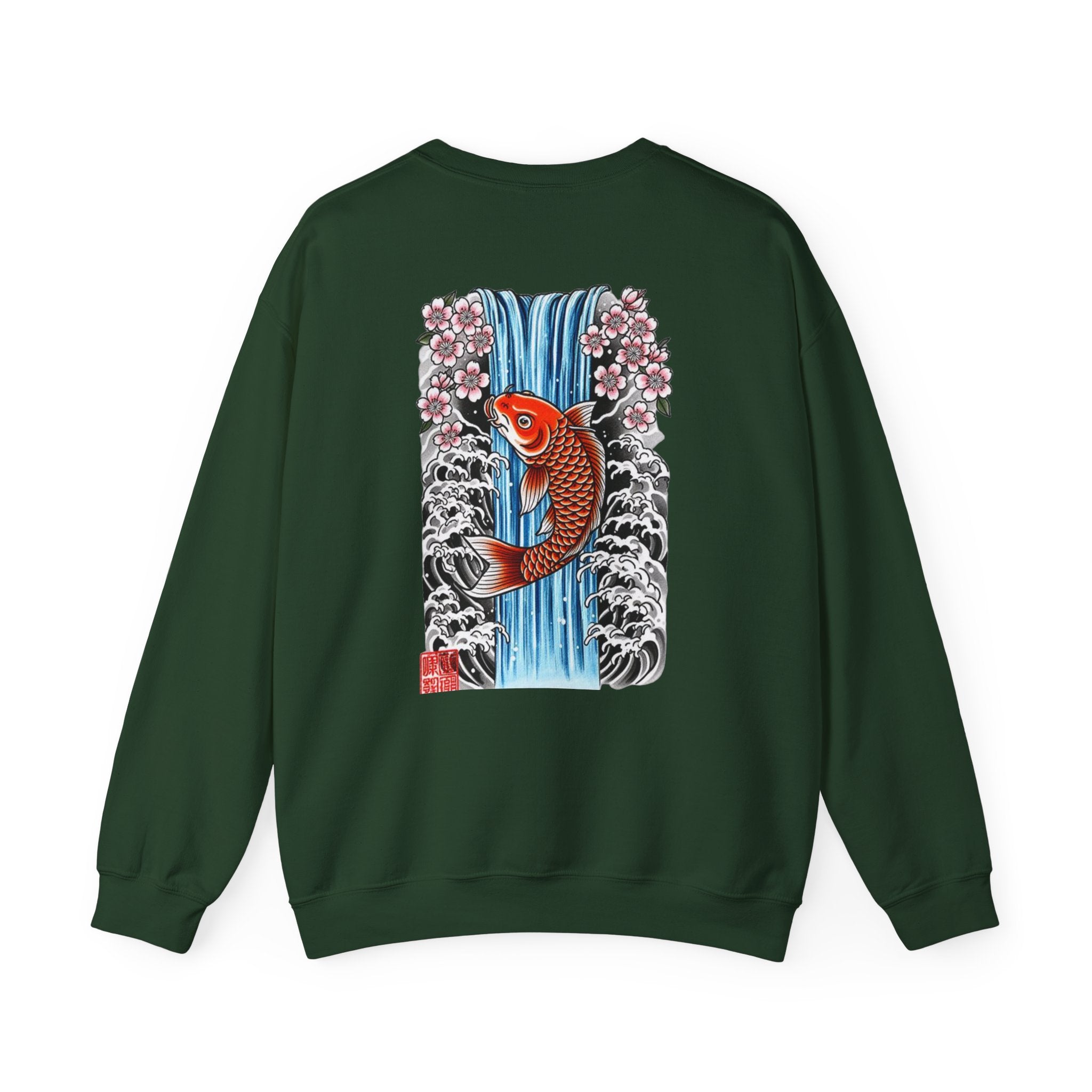 Koi Waterfall Crewneck Sweatshirt — Japanese Koi & Cherry Blossom Back Graphic