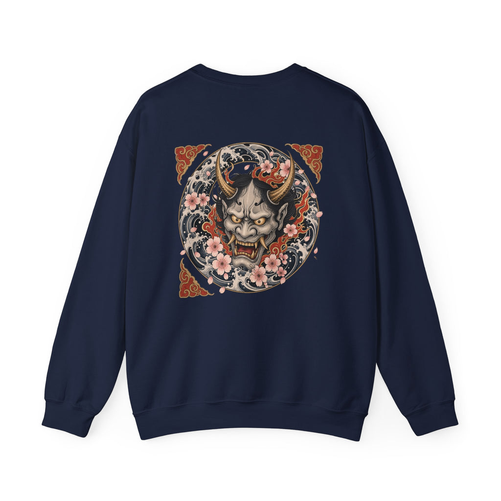 Hannya Mask Crewneck Sweatshirt — Japanese Demon Floral Back Print