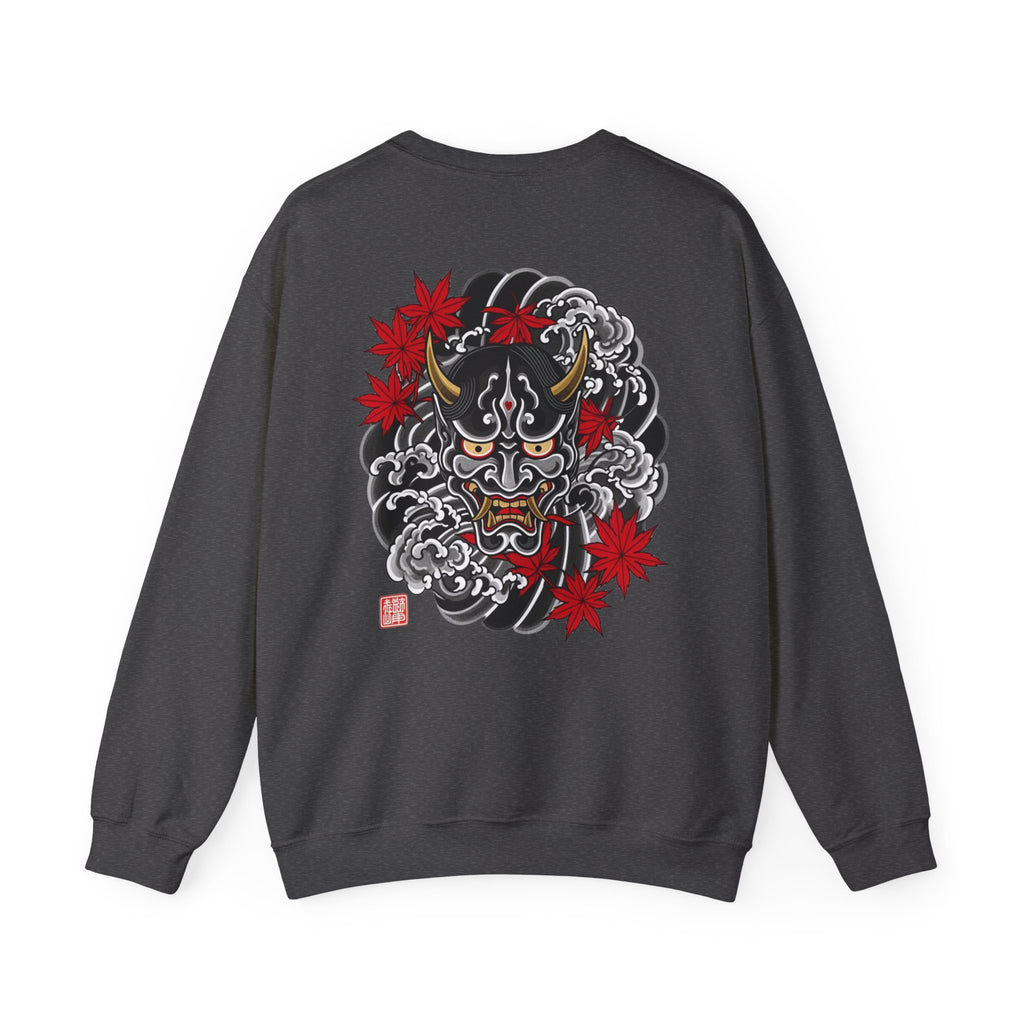 Hannya Demon Crewneck Sweatshirt — Japanese Mask & Maple Leaf Graphic