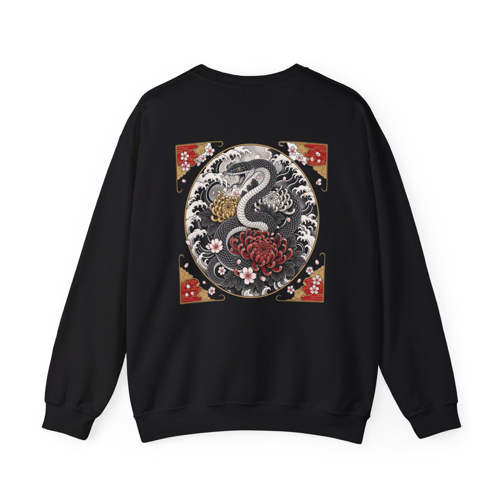 Dragon Circle Crewneck Sweatshirt — Asian-Inspired Snake & Floral Back Graphic