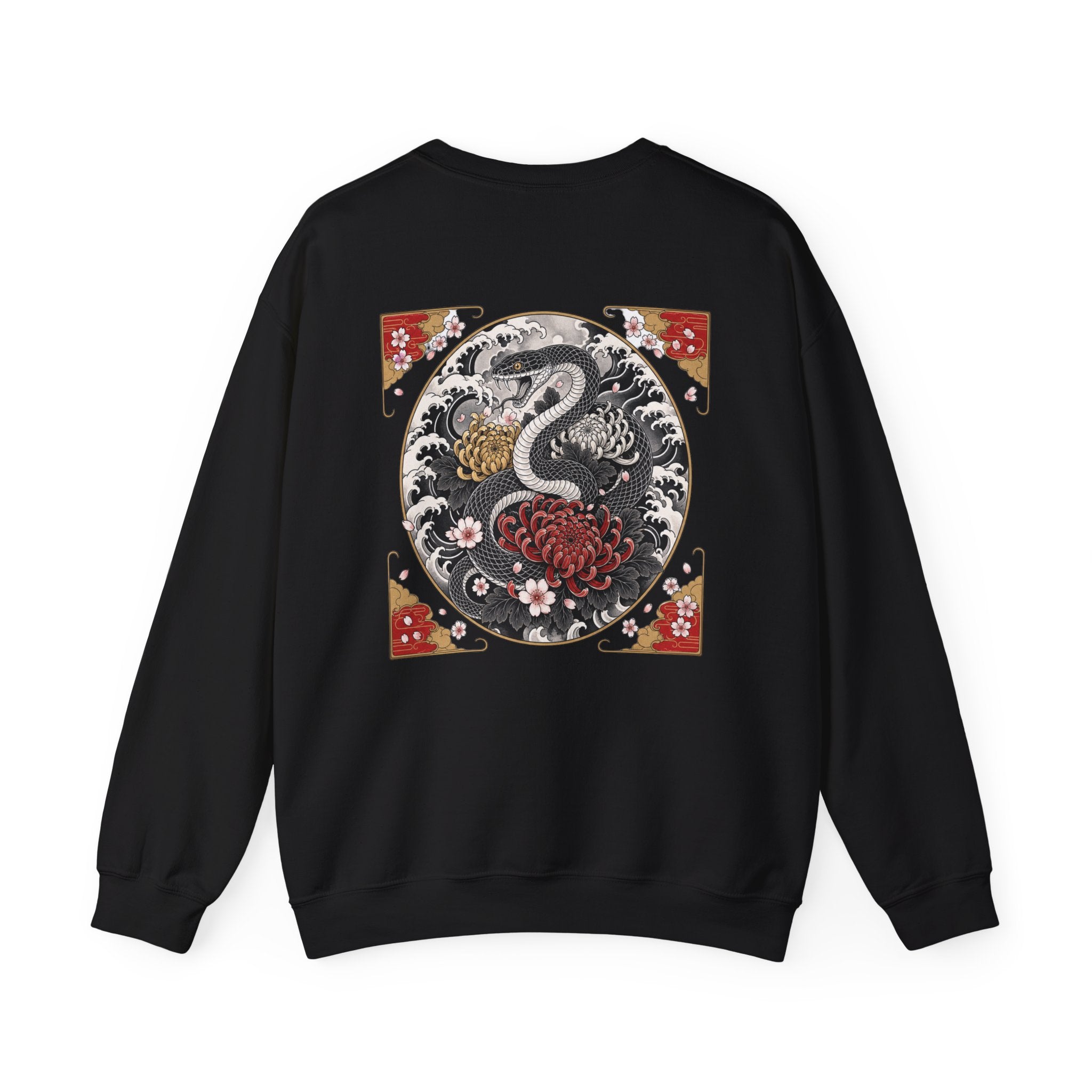 Dragon Circle Crewneck Sweatshirt — Asian-Inspired Snake & Floral Back Graphic