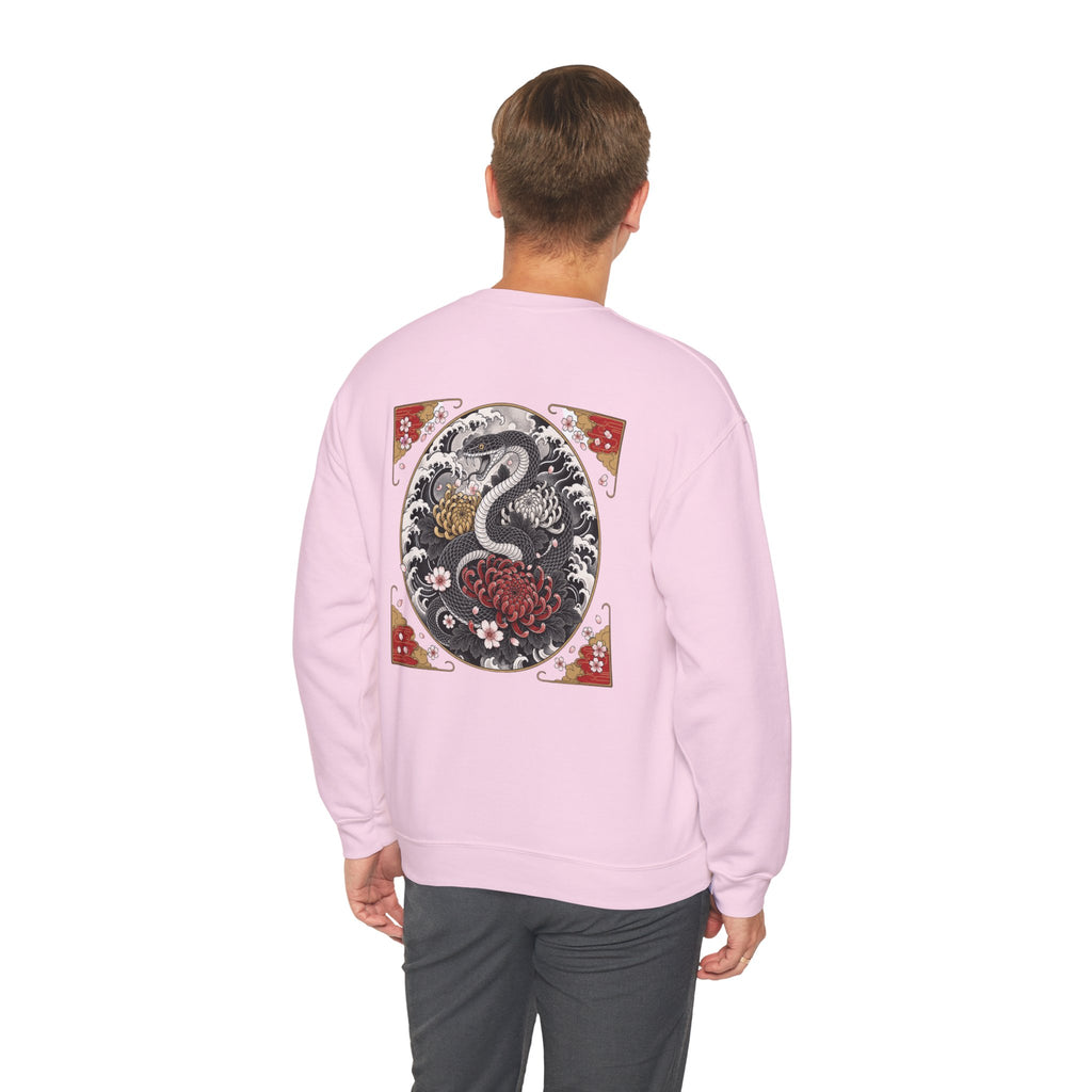 Dragon Circle Crewneck Sweatshirt — Asian-Inspired Snake & Floral Back Graphic