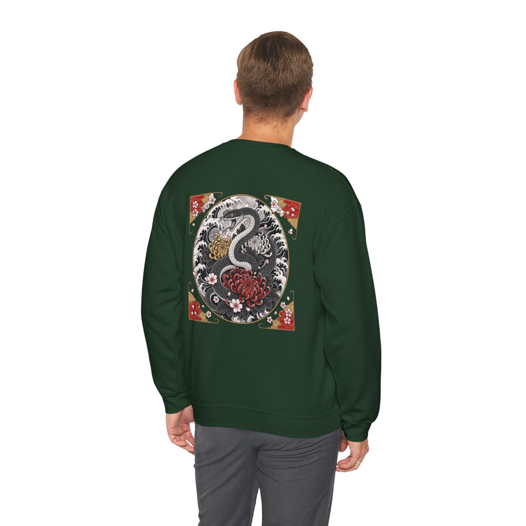 Dragon Circle Crewneck Sweatshirt — Asian-Inspired Snake & Floral Back Graphic