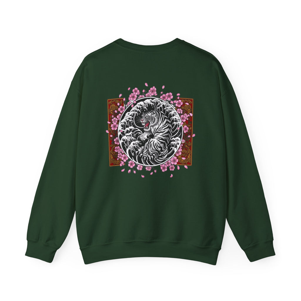 Crewneck Sweatshirt — Yin Yang Tiger with Cherry Blossoms Graphic