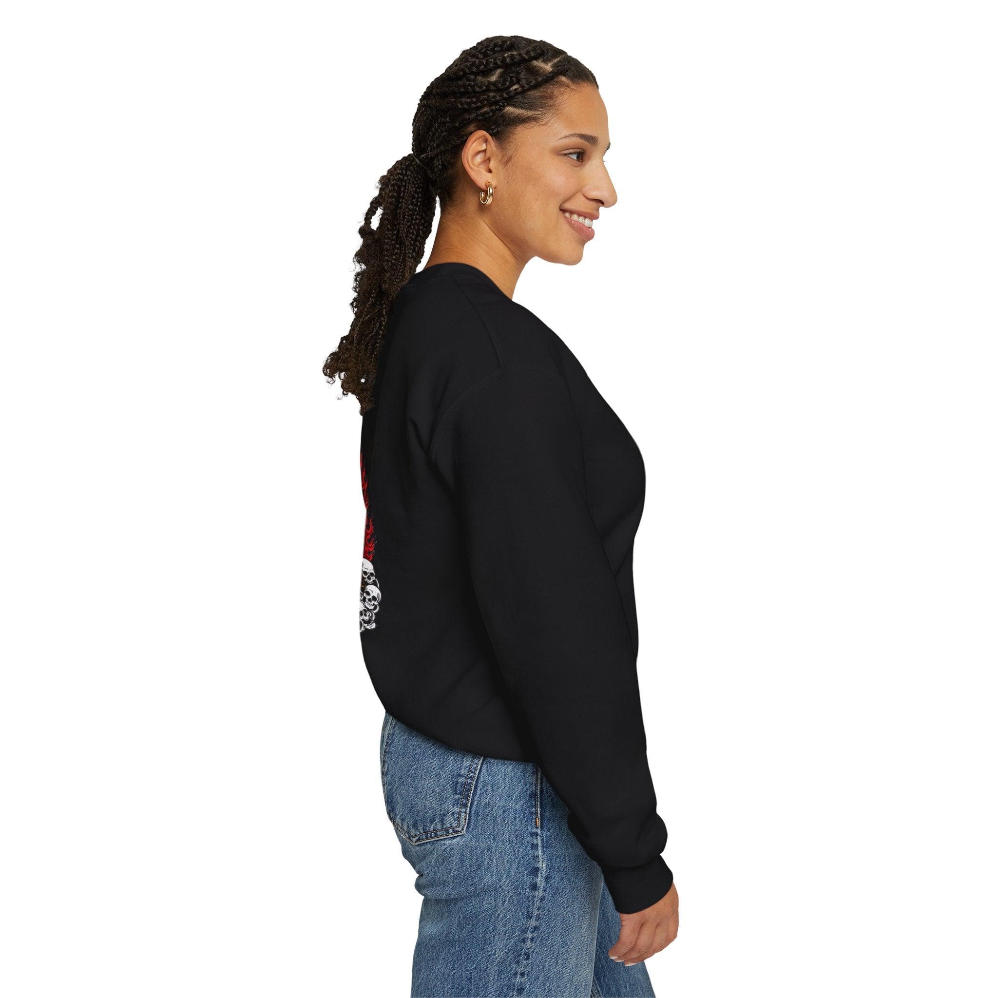 Tiger King Crewneck Sweatshirt — Flaming Tiger on Skulls Graphic
