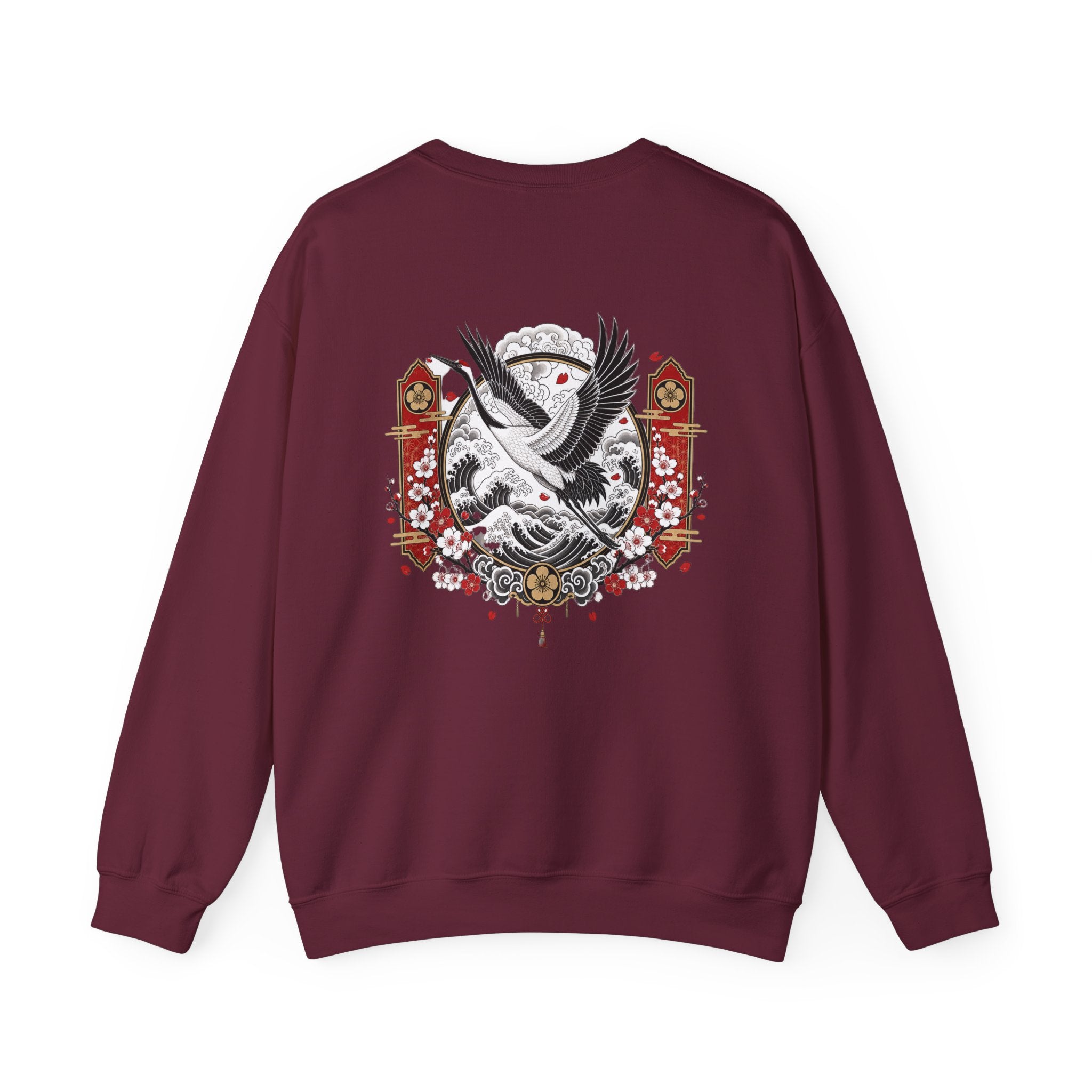 Crane Moon Crewneck Sweatshirt — Japanese-Inspired Crane & Moon Back Graphic