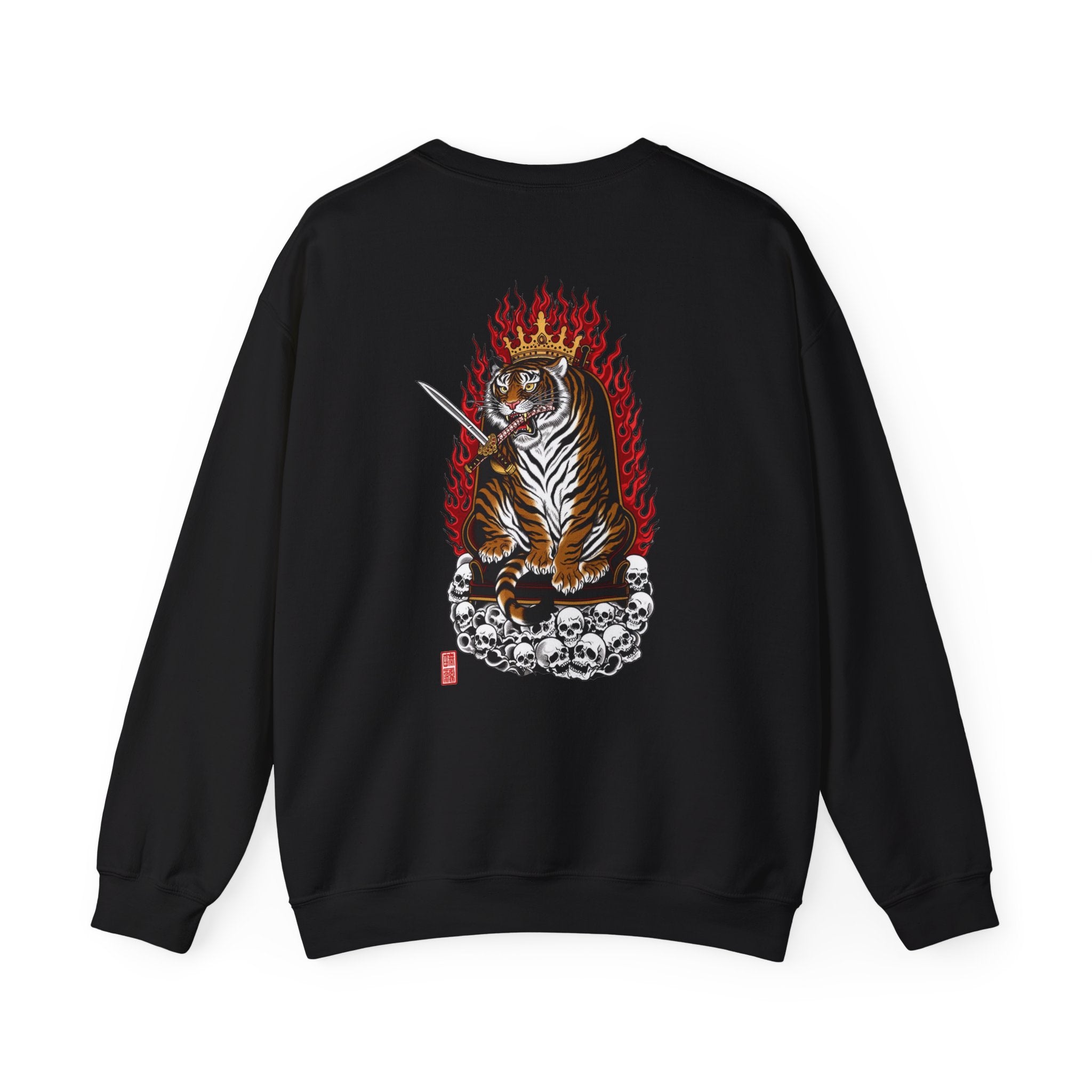 Tiger King Crewneck Sweatshirt — Flaming Tiger on Skulls Graphic