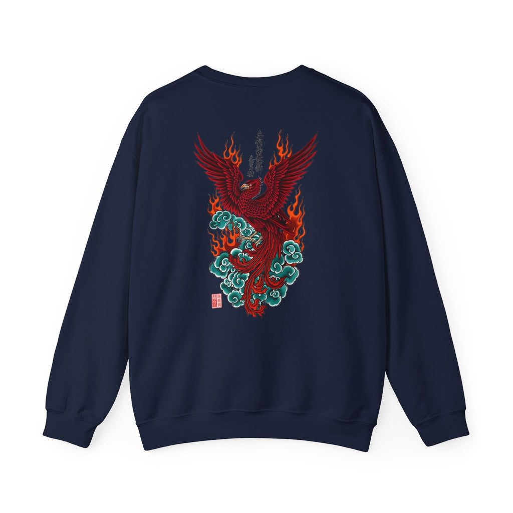 Phoenix Rising Crewneck Sweatshirt — Japanese-style Flaming Phoenix Back Print