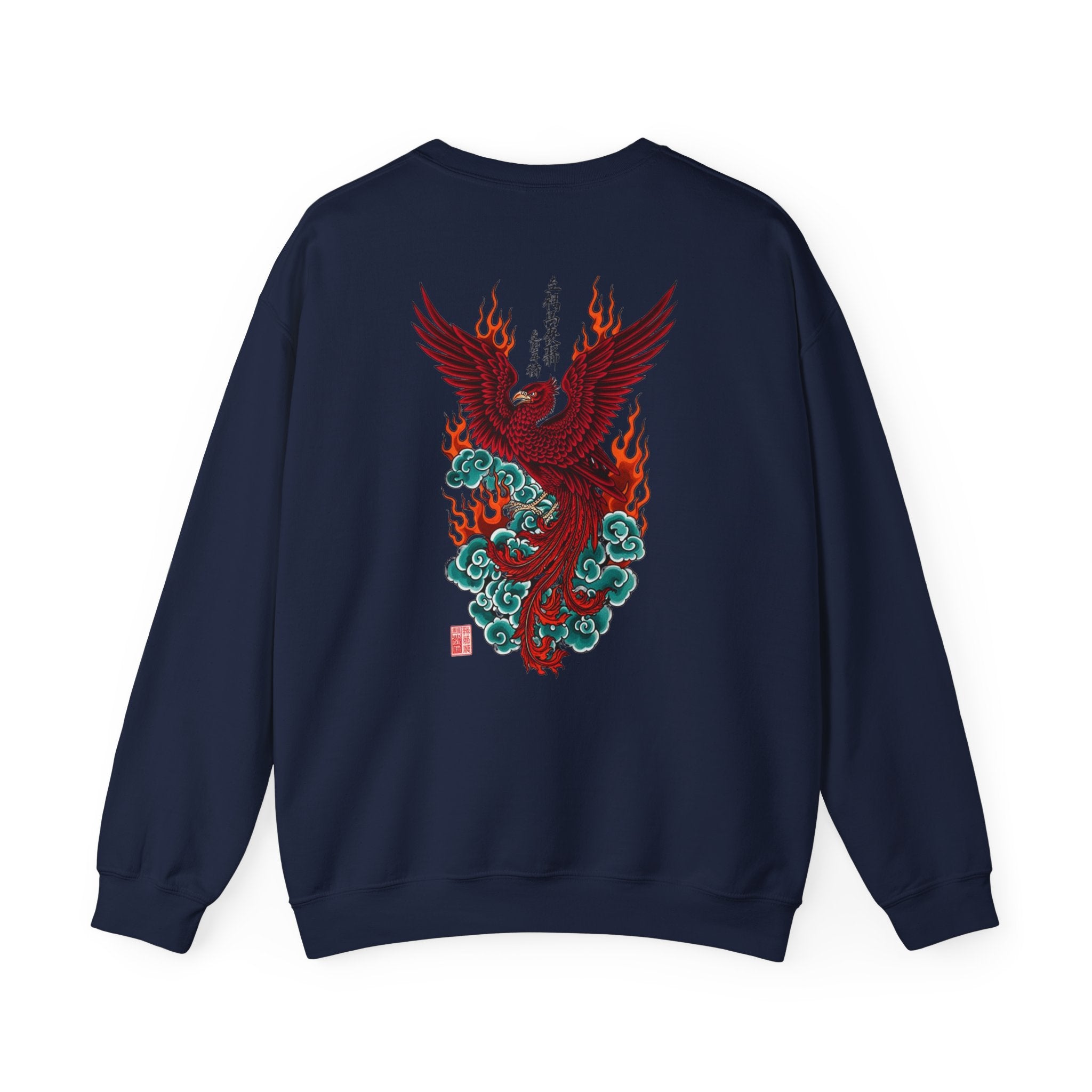 Phoenix Rising Crewneck Sweatshirt — Japanese-style Flaming Phoenix Back Print