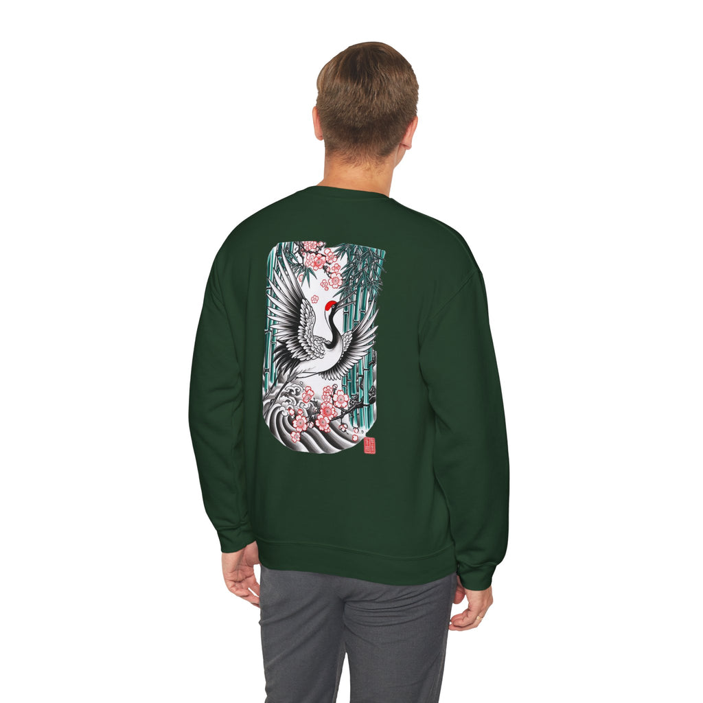 Crane & Cherry Blossom Crewneck Sweatshirt — Japanese Crane Graphic Pullover