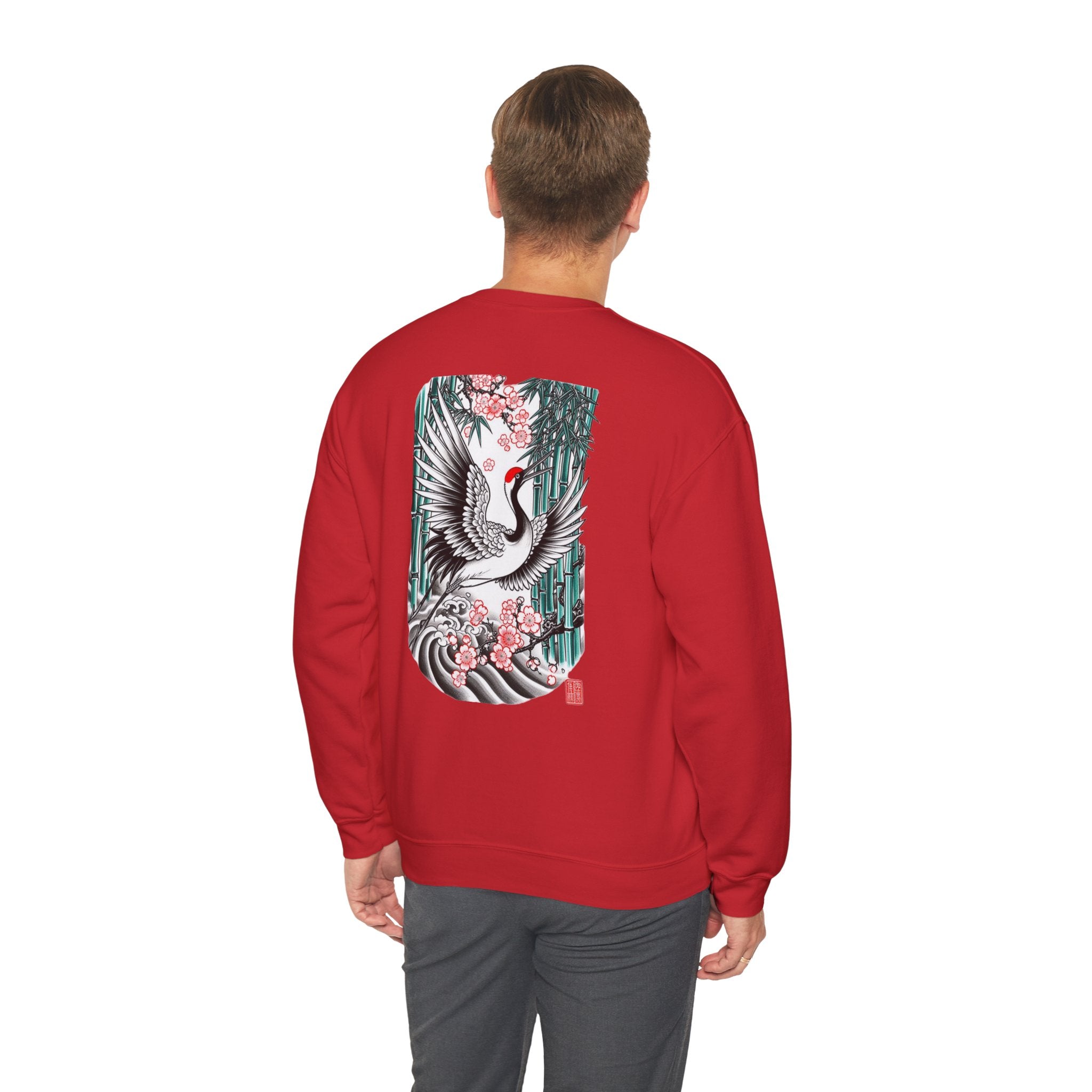 Crane & Cherry Blossom Crewneck Sweatshirt — Japanese Crane Graphic Pullover