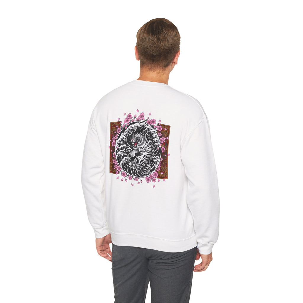 Crewneck Sweatshirt — Yin Yang Tiger with Cherry Blossoms Graphic