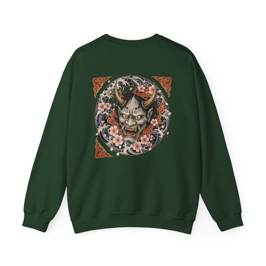 Hannya Mask Crewneck Sweatshirt — Japanese Demon Floral Back Print