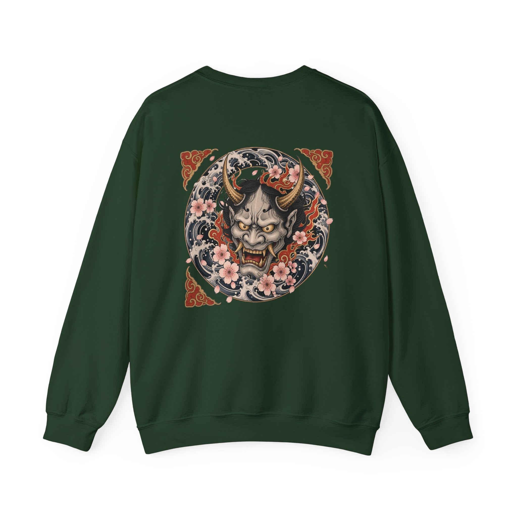 Hannya Mask Crewneck Sweatshirt — Japanese Demon Floral Back Print