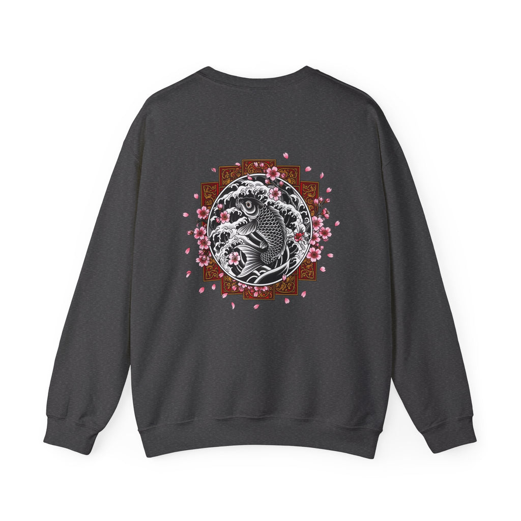 Crewneck Sweatshirt — Koi Fish Cherry Blossom Graphic Back, Minimal Front Logo
