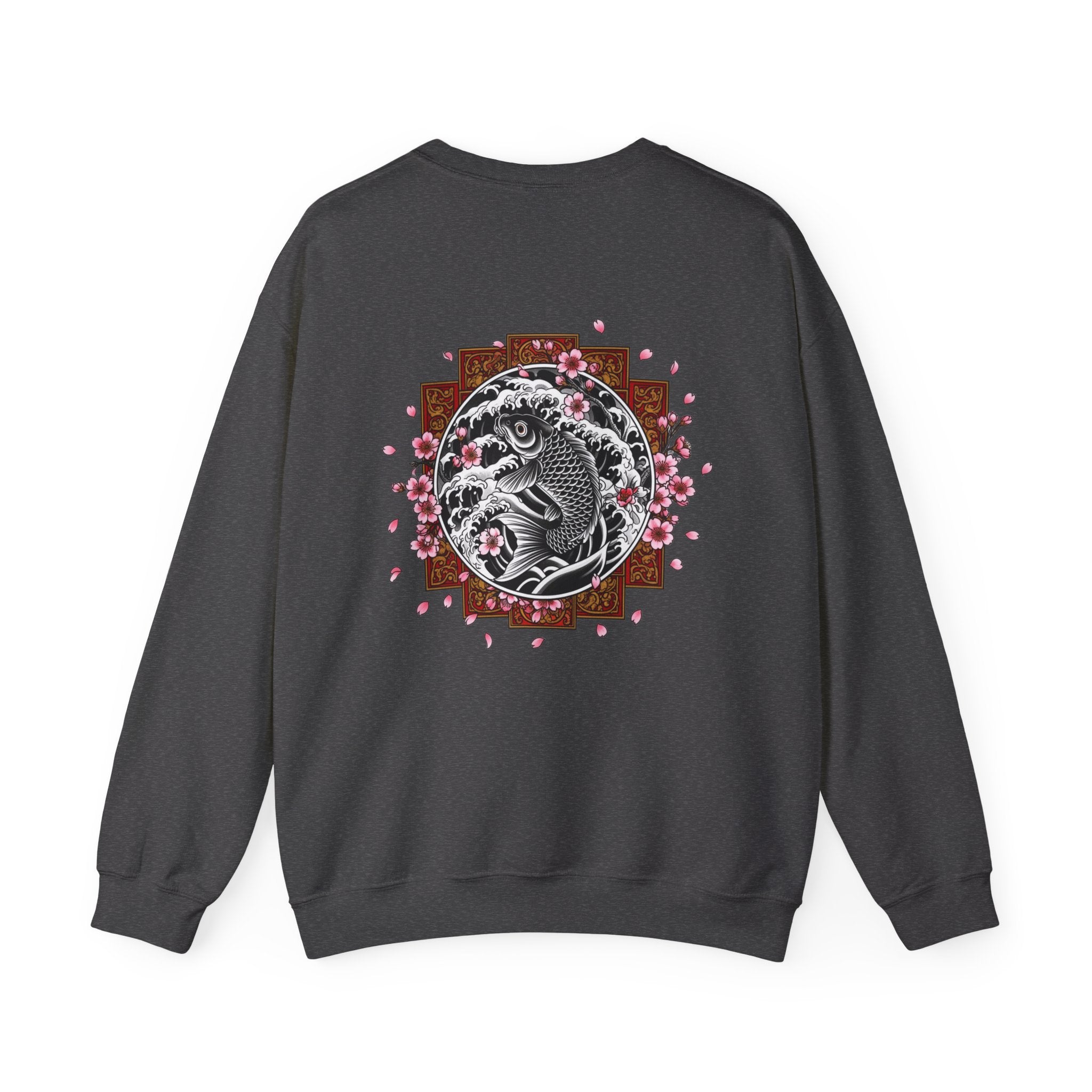 Crewneck Sweatshirt — Koi Fish Cherry Blossom Graphic Back, Minimal Front Logo