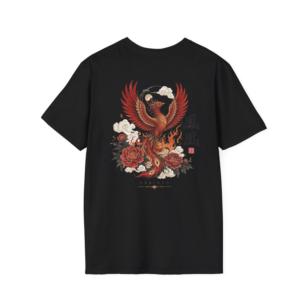 Phoenix Floral T-Shirt — Rising Phoenix Graphic Tee with Asian Calligraphy