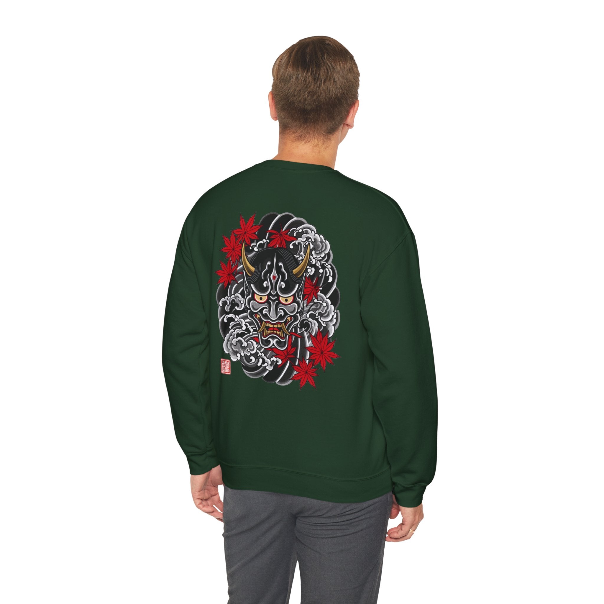 Hannya Demon Crewneck Sweatshirt — Japanese Mask & Maple Leaf Graphic