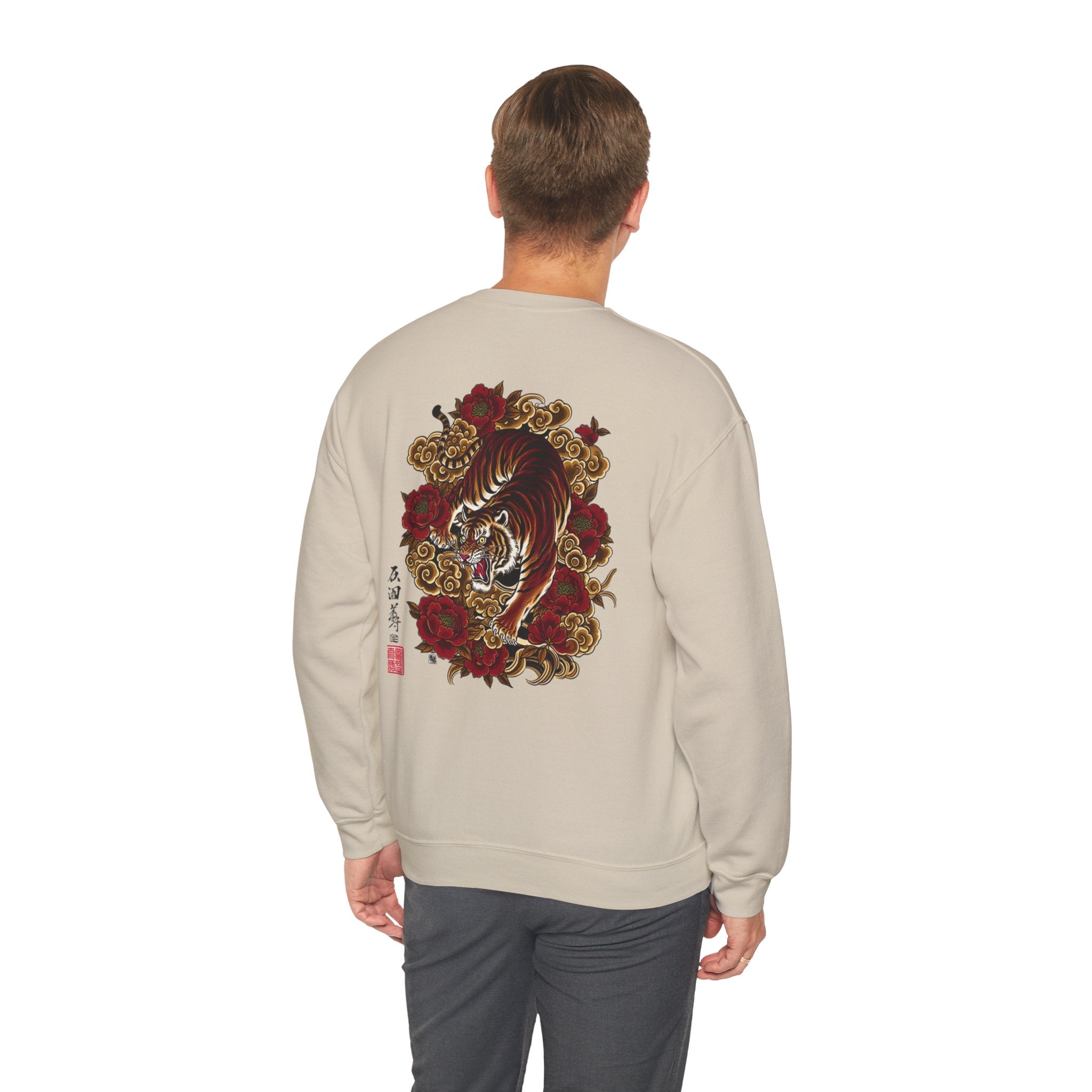 Tiger & Roses Crewneck Sweatshirt — Japanese Tattoo Style Back Graphic