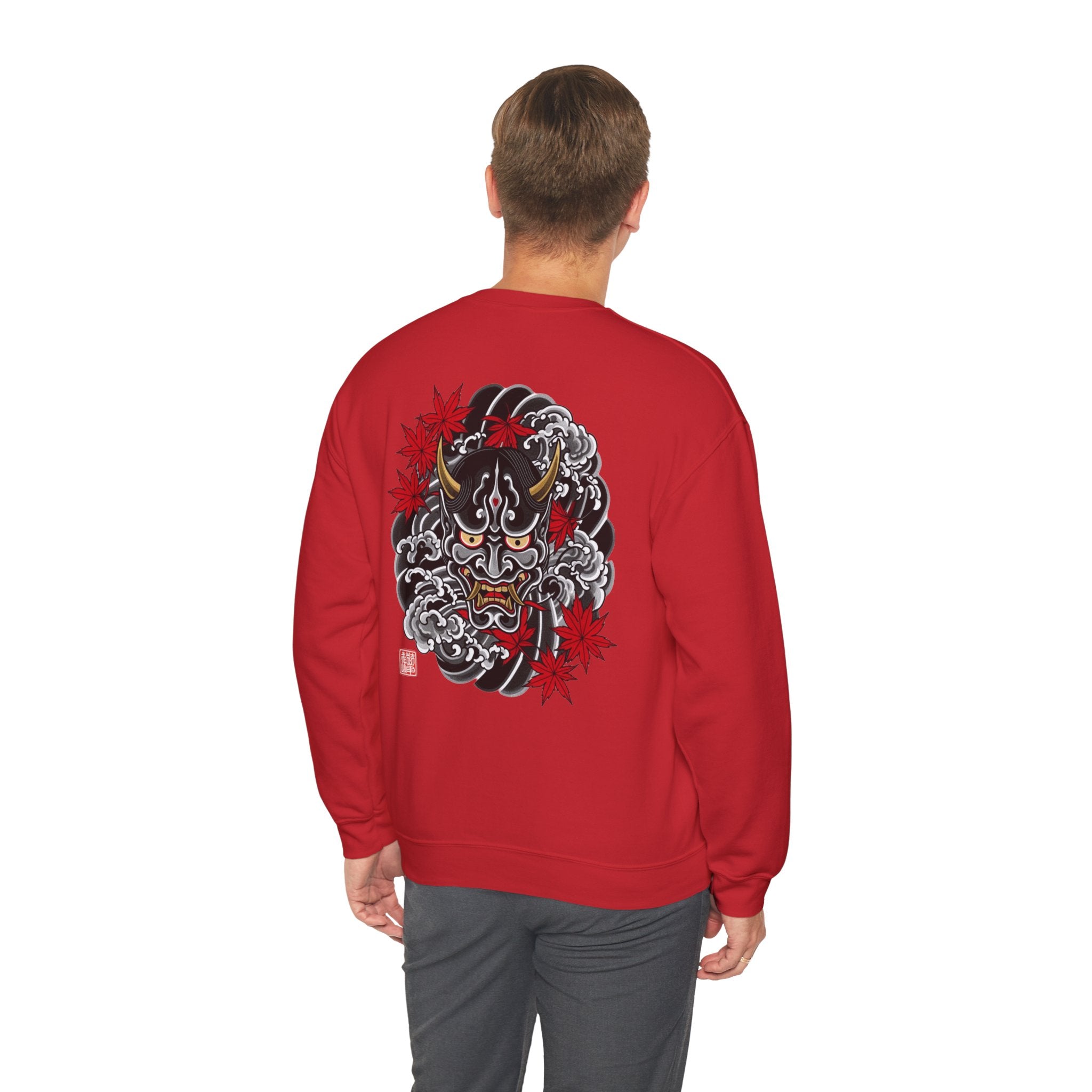 Hannya Demon Crewneck Sweatshirt — Japanese Mask & Maple Leaf Graphic