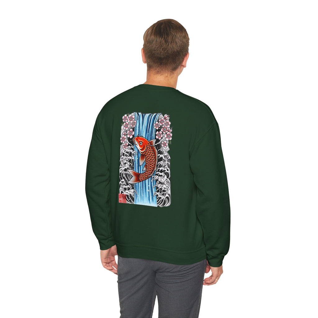 Koi Waterfall Crewneck Sweatshirt — Japanese Koi & Cherry Blossom Back Graphic