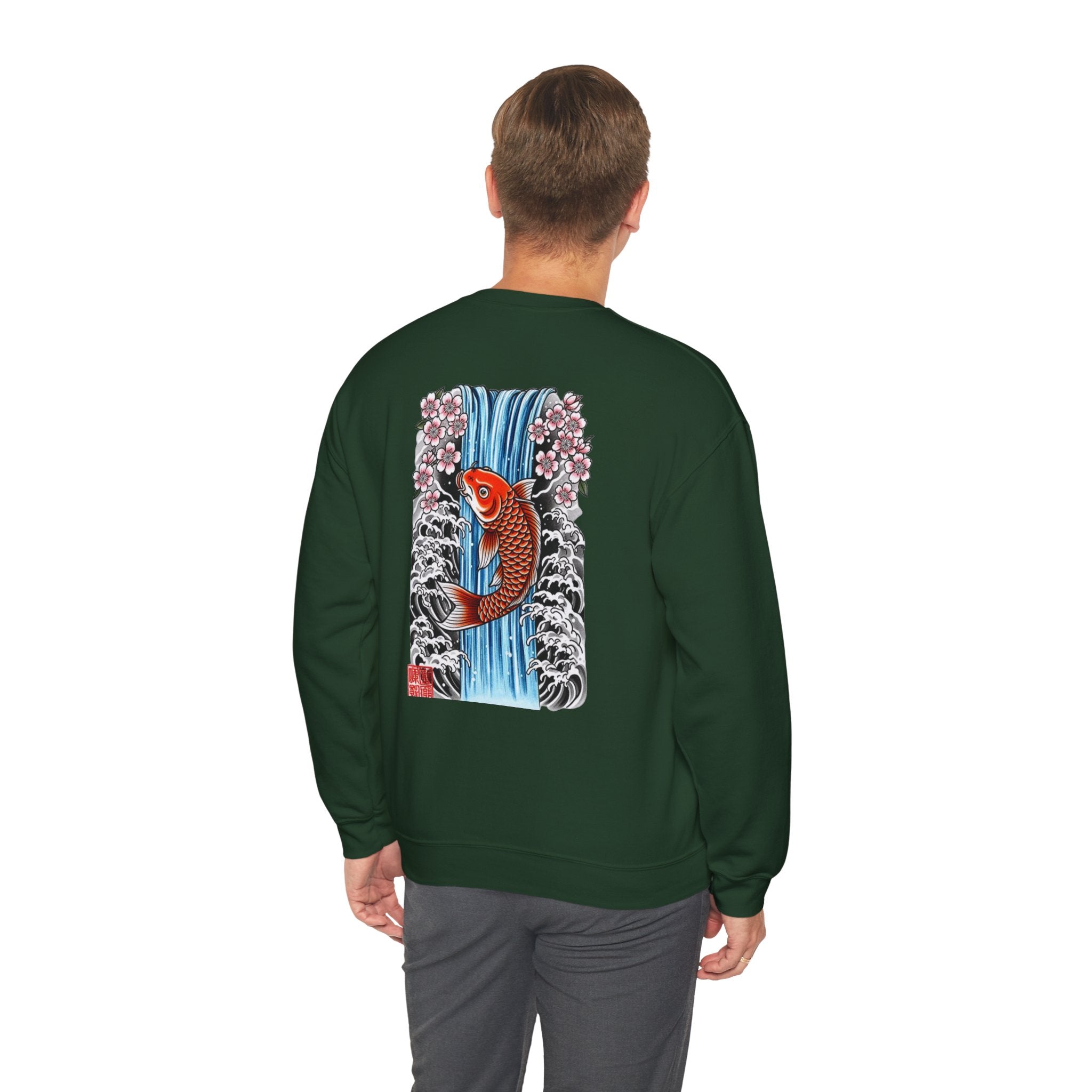 Koi Waterfall Crewneck Sweatshirt — Japanese Koi & Cherry Blossom Back Graphic