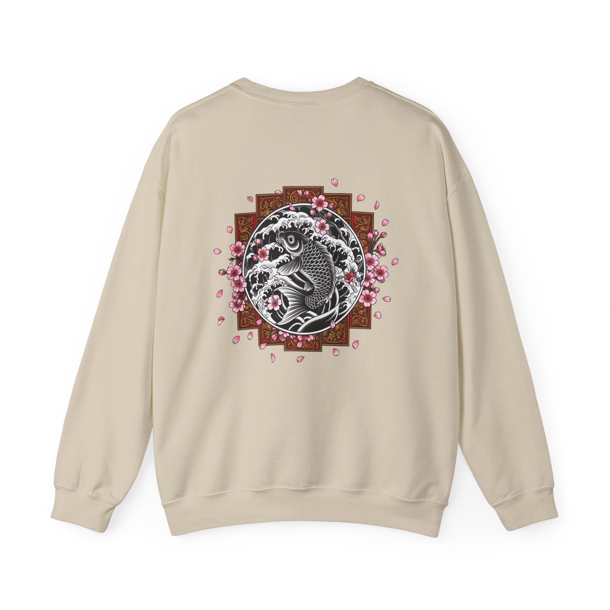 Crewneck Sweatshirt — Koi Fish Cherry Blossom Graphic Back, Minimal Front Logo