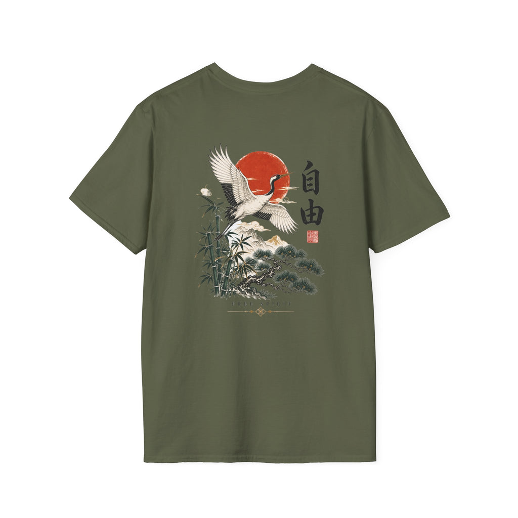 Crane & Rising Sun T-Shirt — Japanese-Inspired Freedom Graphic Tee