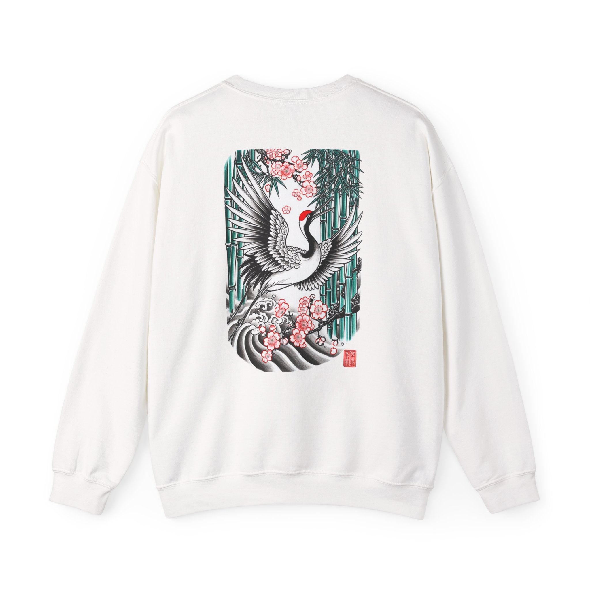 Crane & Cherry Blossom Crewneck Sweatshirt — Japanese Crane Graphic Pullover