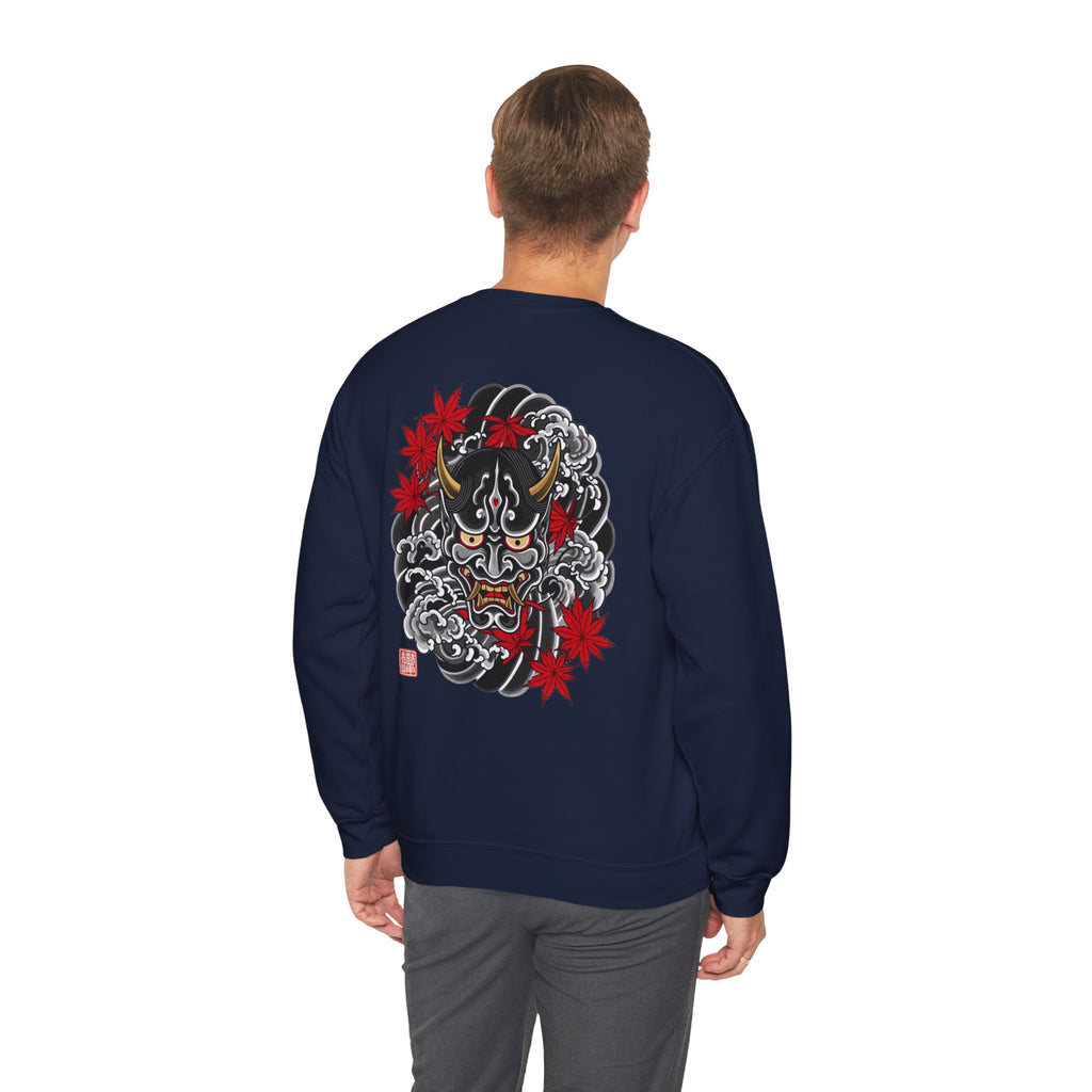Hannya Demon Crewneck Sweatshirt — Japanese Mask & Maple Leaf Graphic