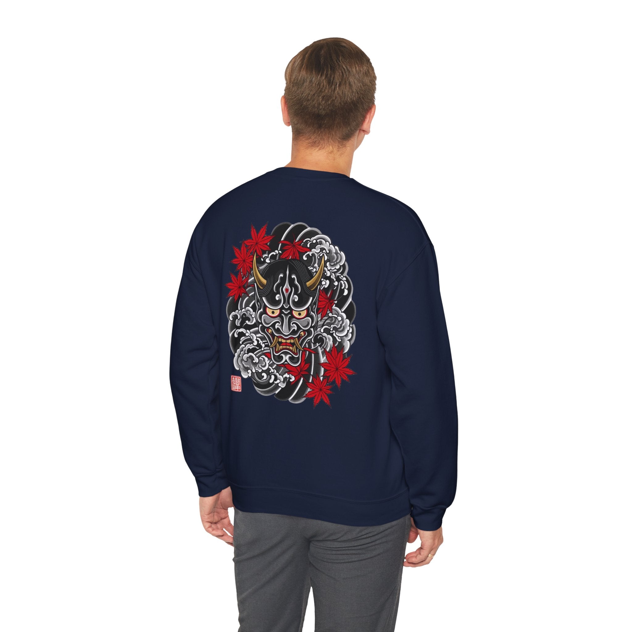 Hannya Demon Crewneck Sweatshirt — Japanese Mask & Maple Leaf Graphic