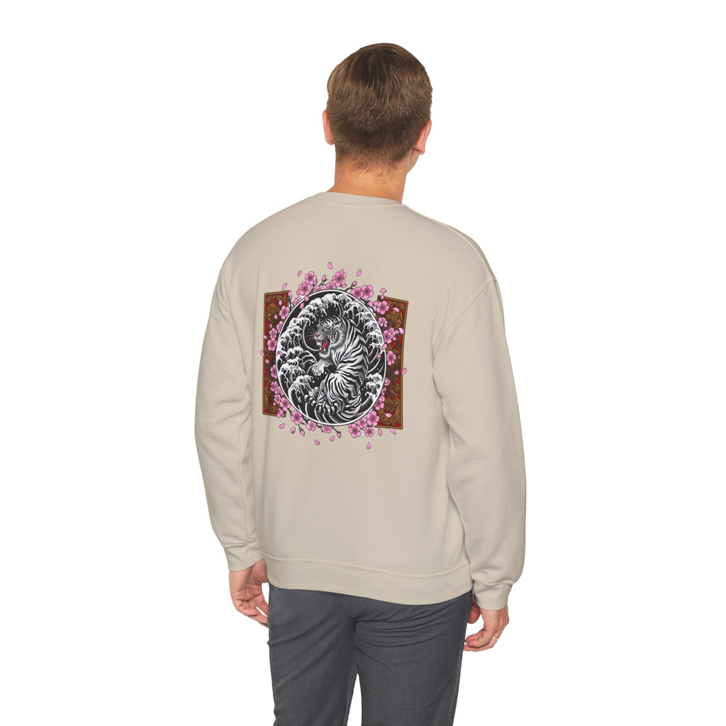 Crewneck Sweatshirt — Yin Yang Tiger with Cherry Blossoms Graphic