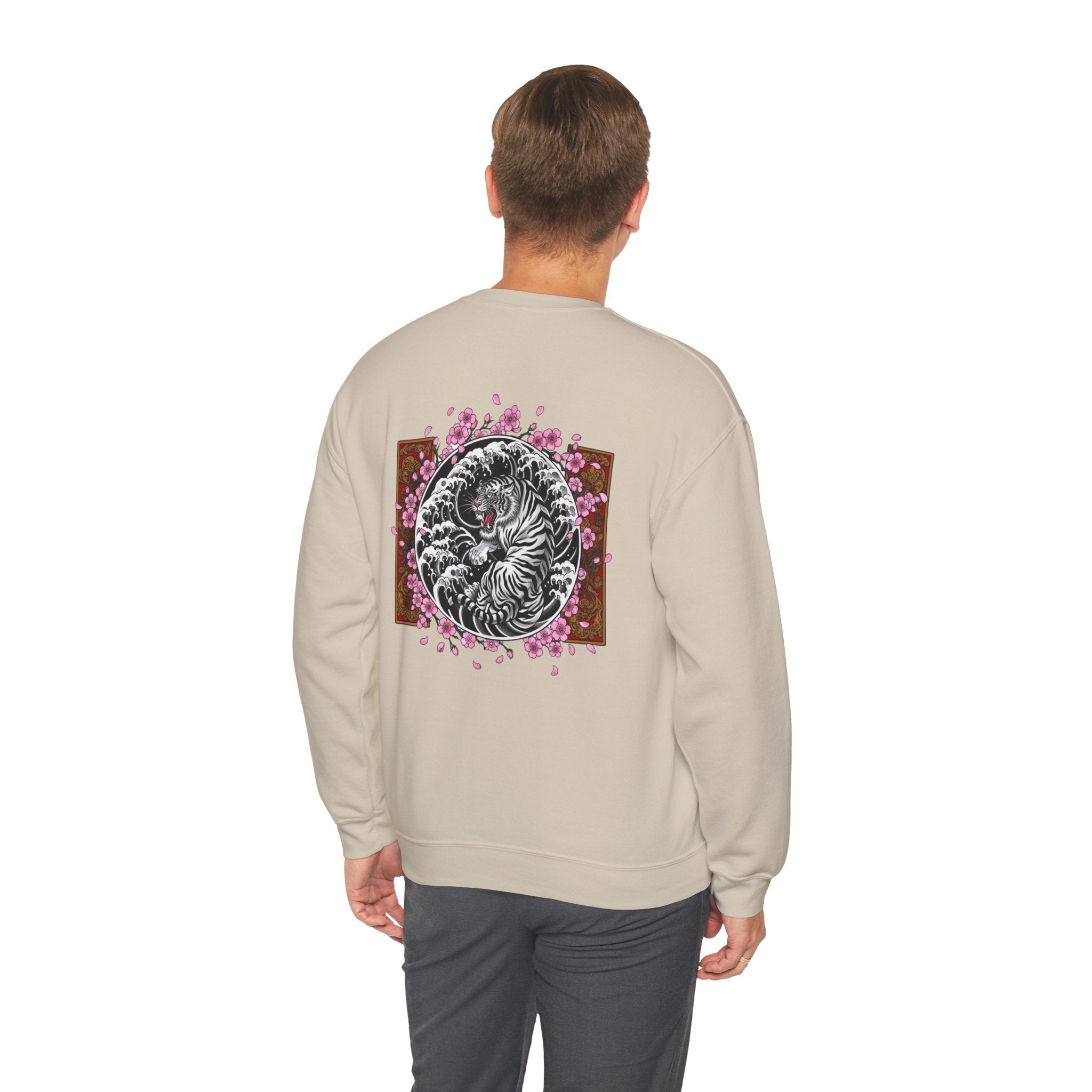 Crewneck Sweatshirt — Yin Yang Tiger with Cherry Blossoms Graphic