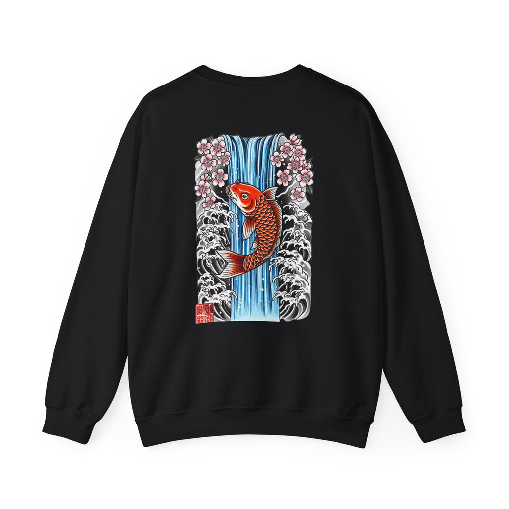 Koi Waterfall Crewneck Sweatshirt — Japanese Koi & Cherry Blossom Back Graphic