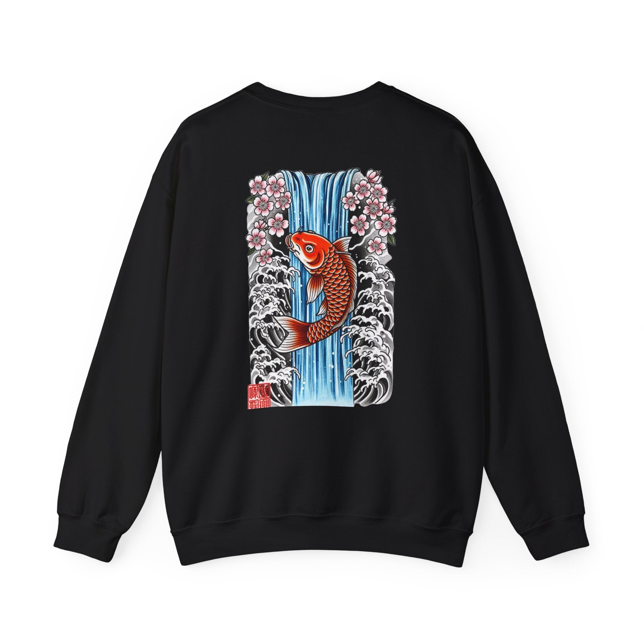 Koi Waterfall Crewneck Sweatshirt — Japanese Koi & Cherry Blossom Back Graphic