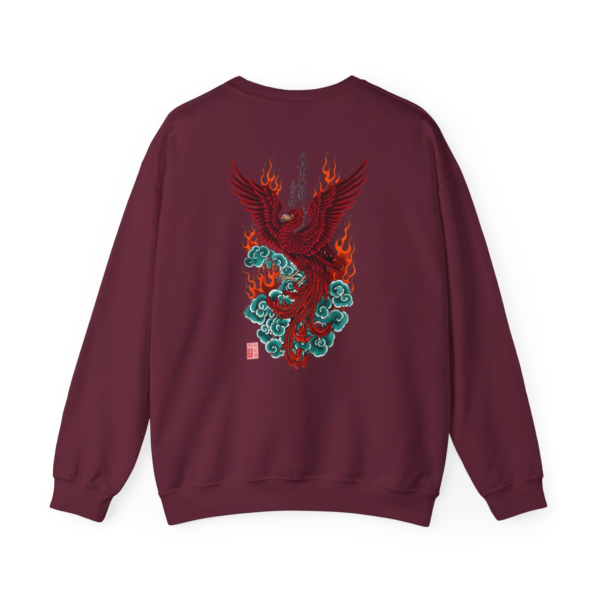 Phoenix Rising Crewneck Sweatshirt — Japanese-style Flaming Phoenix Back Print
