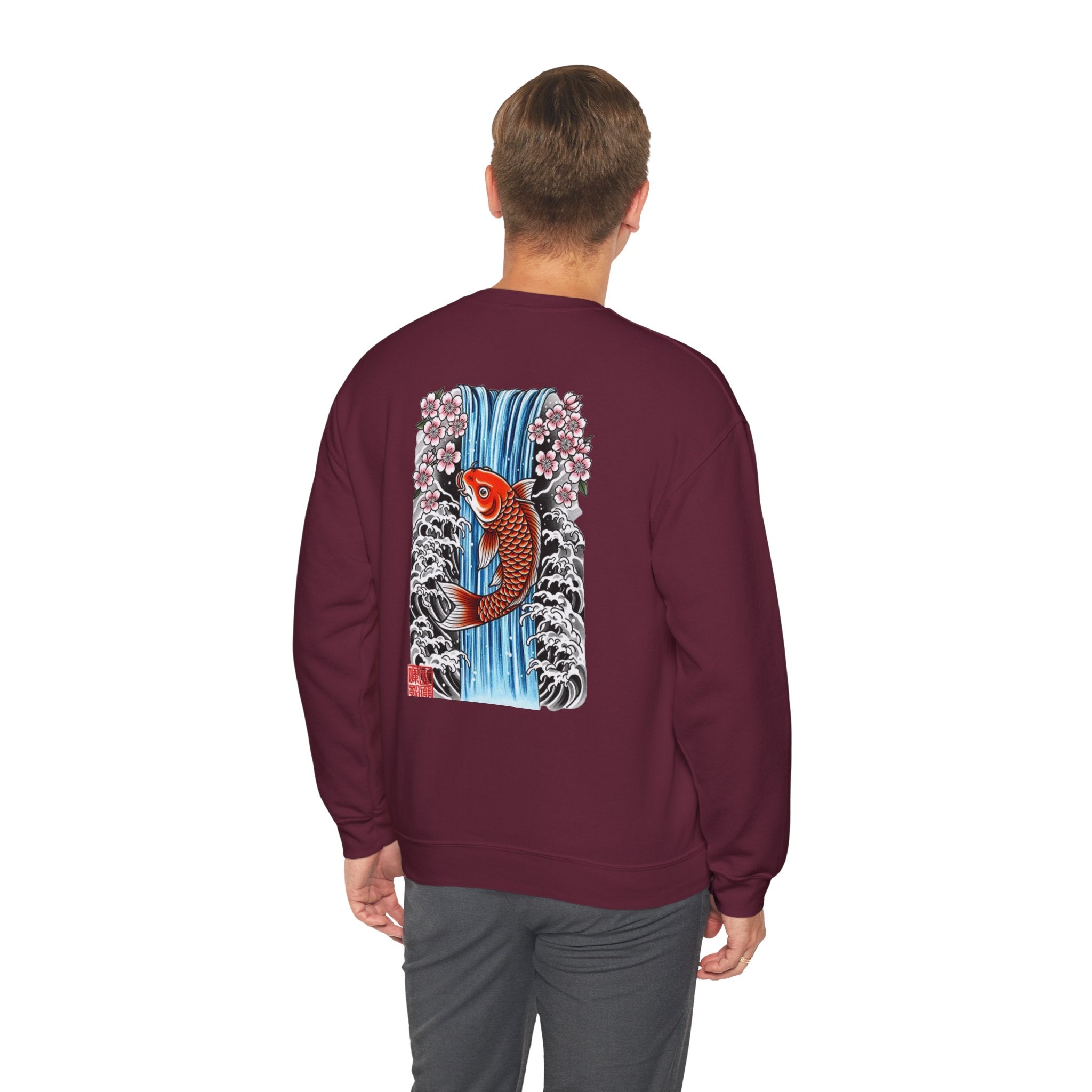 Koi Waterfall Crewneck Sweatshirt — Japanese Koi & Cherry Blossom Back Graphic