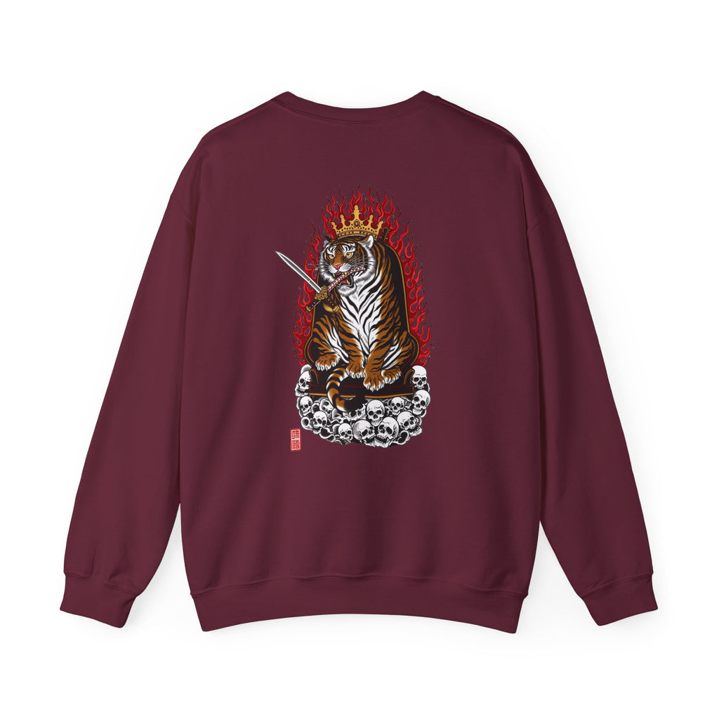Tiger King Crewneck Sweatshirt — Flaming Tiger on Skulls Graphic