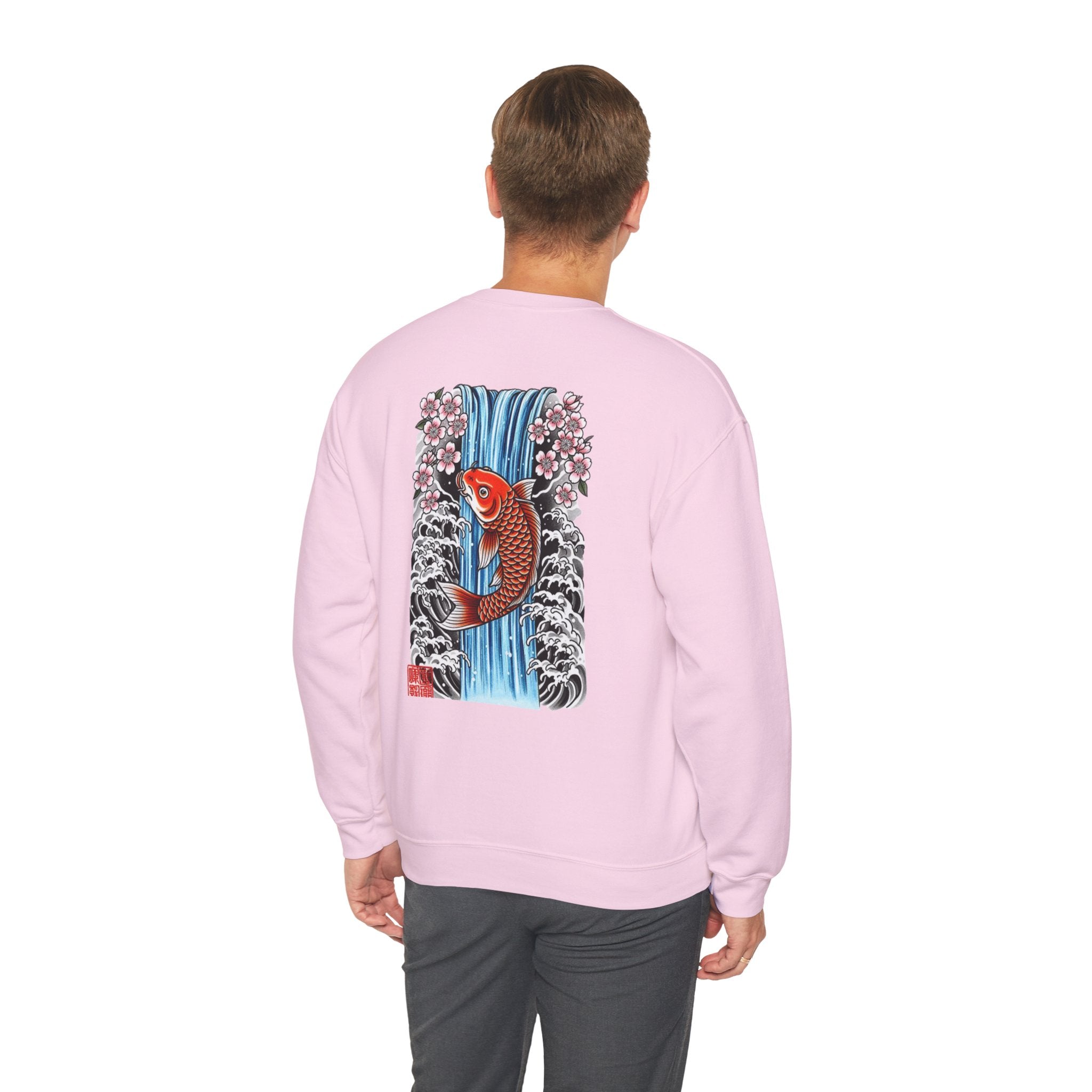 Koi Waterfall Crewneck Sweatshirt — Japanese Koi & Cherry Blossom Back Graphic